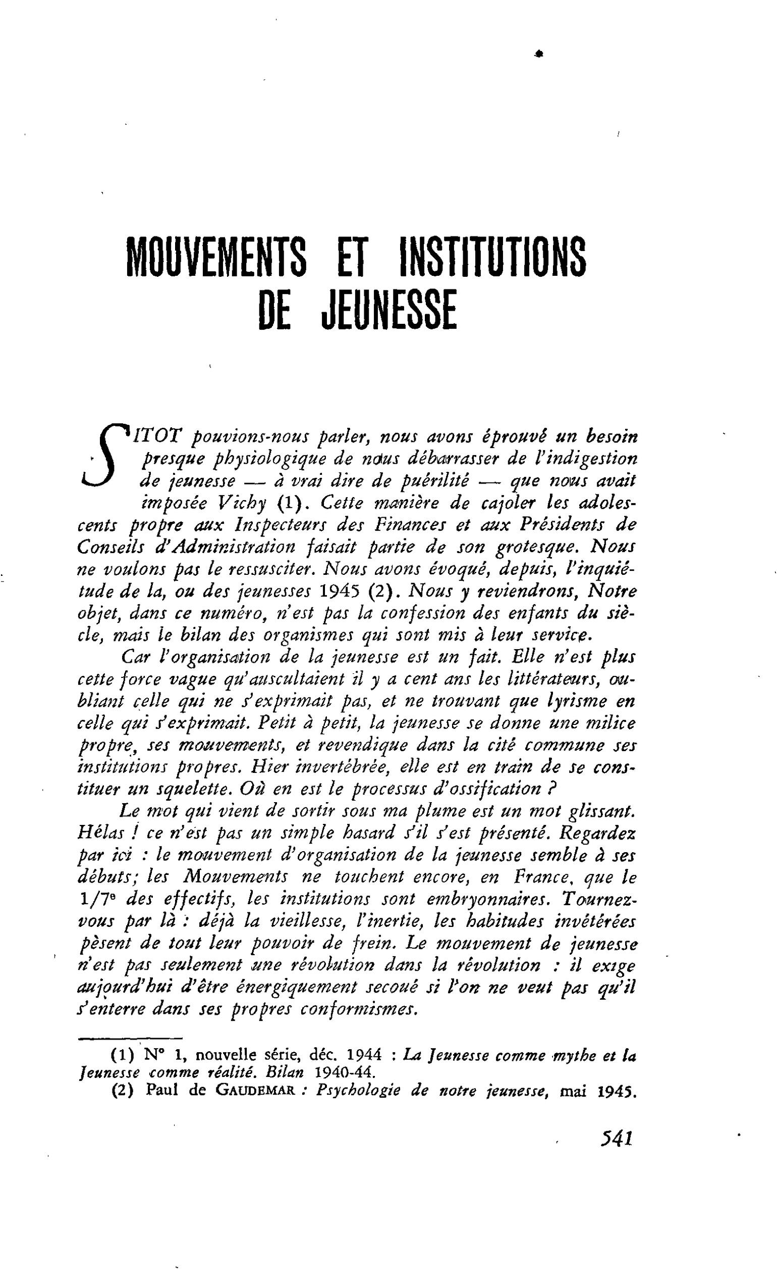 MOUVEMENTS ET INSTITUTIONS DE JEUNESSE