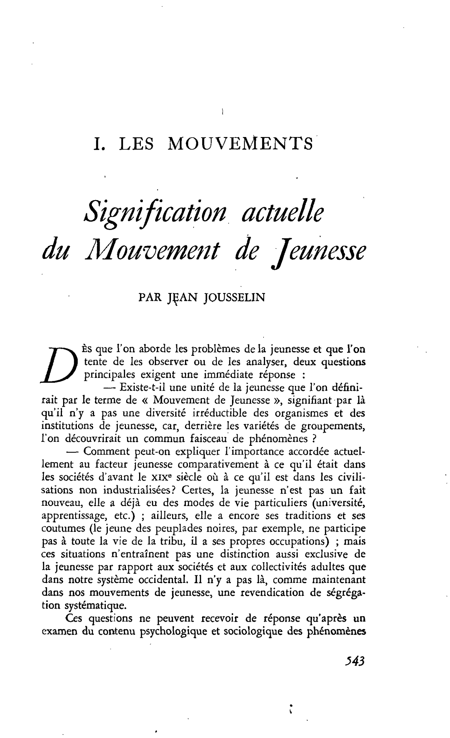 Signification actuelle du Mouvement de Jeunesse
