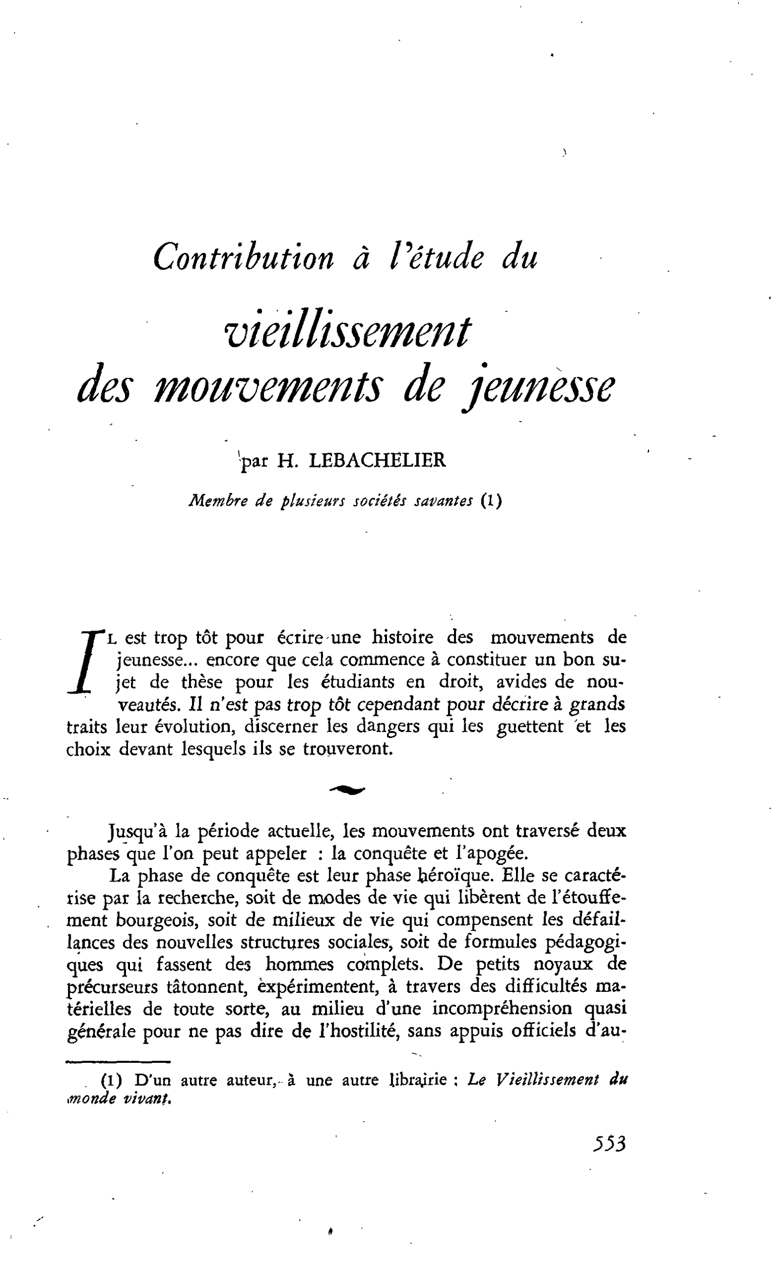 Contribution à l’étude du vieillissement des mouvements de jeunesse