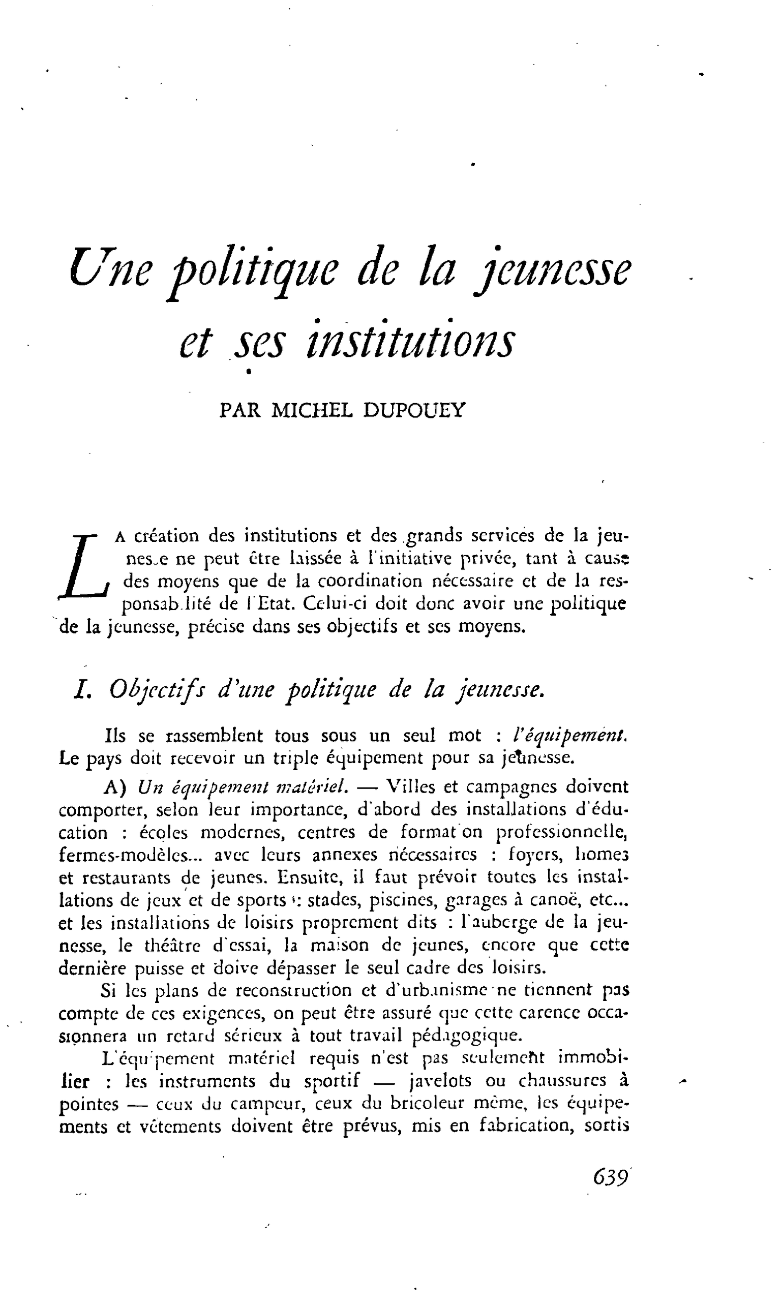 Une politique de la jeunesse et ses institutions