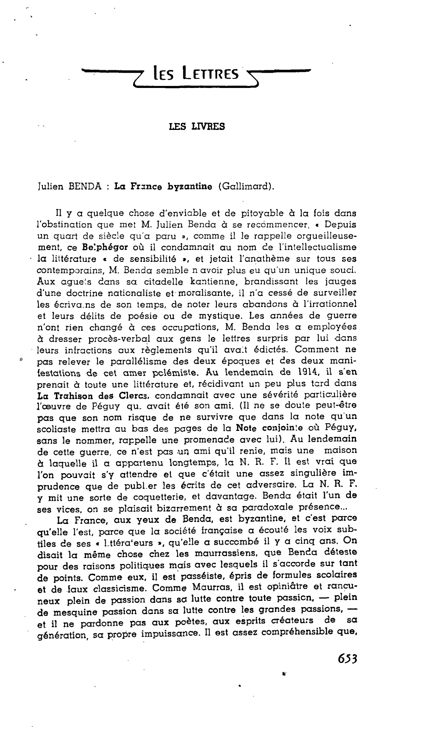 LES LETTRES. LES LIVRES. Julien BENDA : La France byzantine