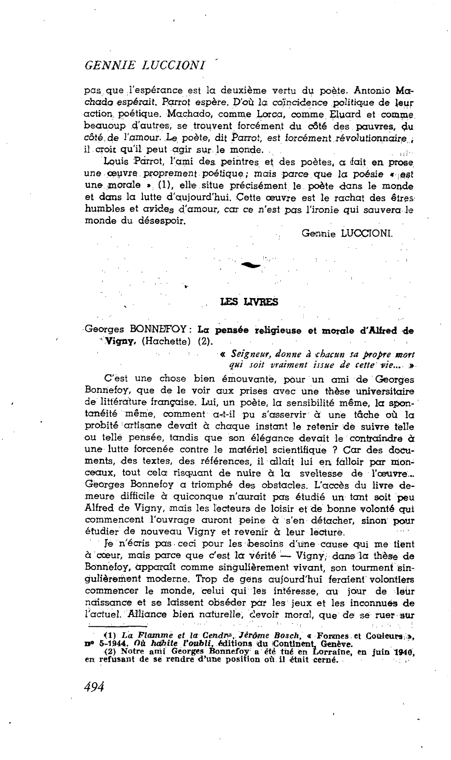 Les Lettres : LES LIVRES. Georges BONNEFOY : La pensée religieuse et morale d’Alfred de Vigny