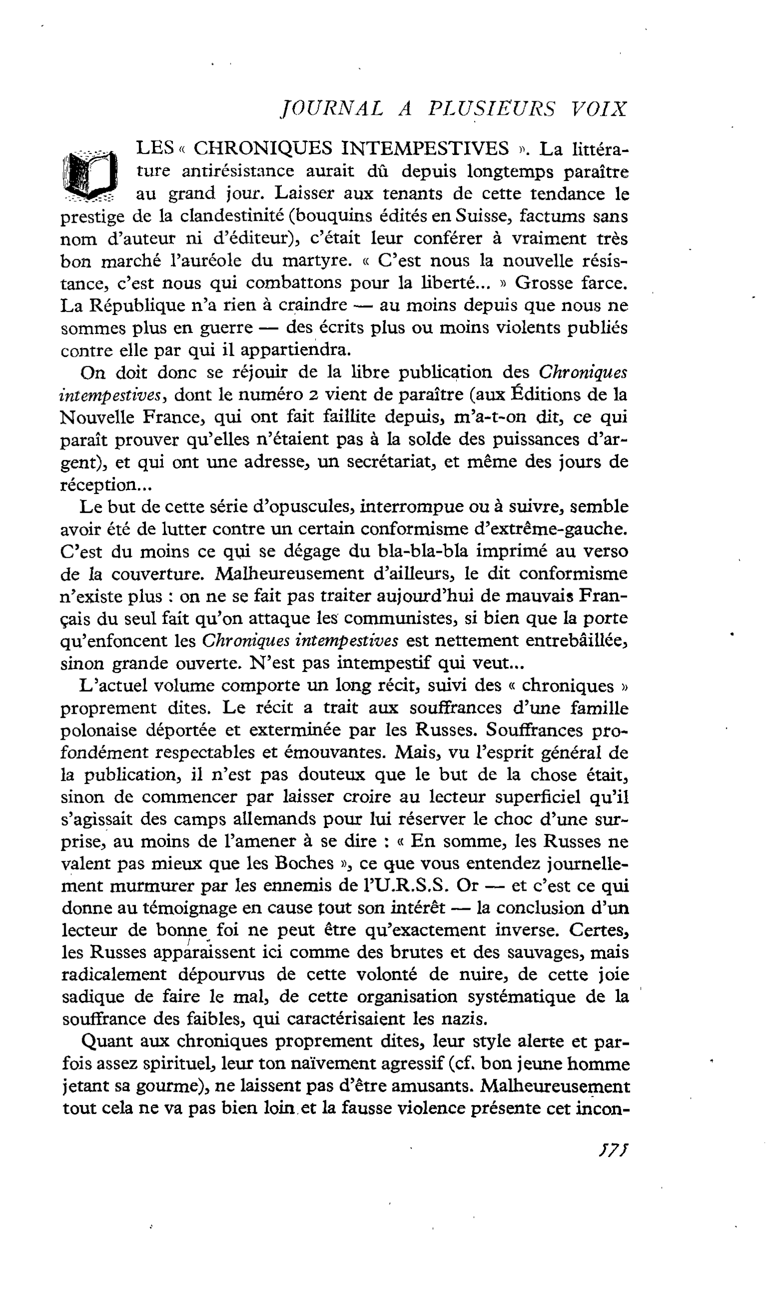 LES « CHRONIQUES INTEMPESTIVES »