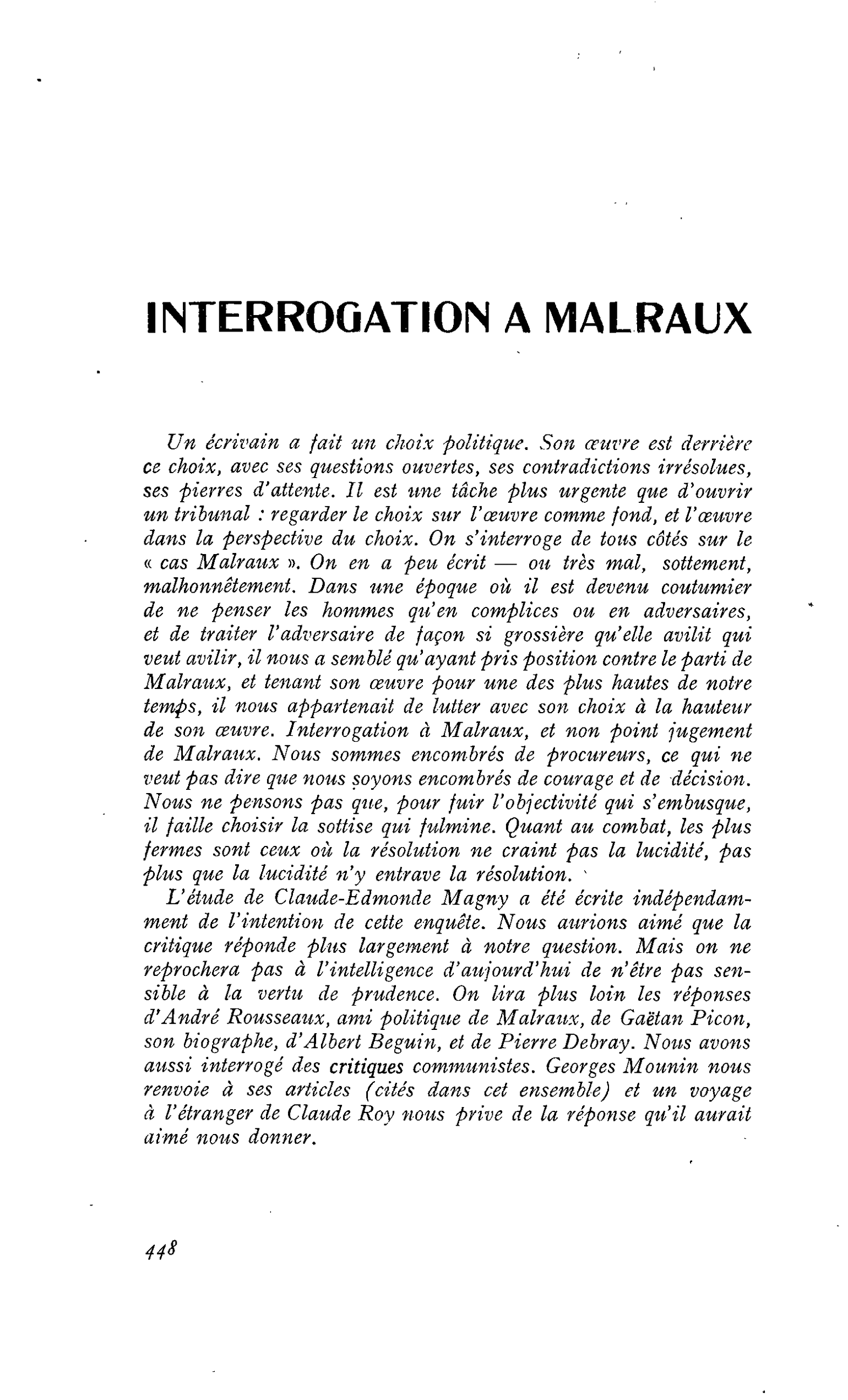 Interrogation à Malraux