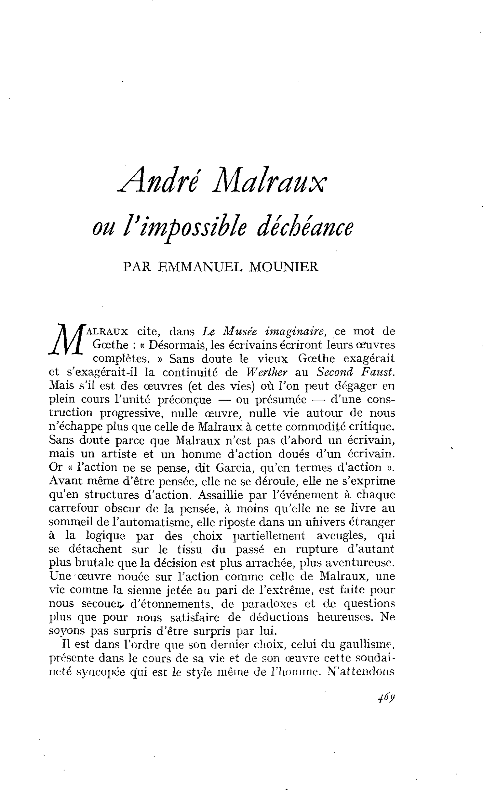 André Malraux ou l’impossible déchéance
