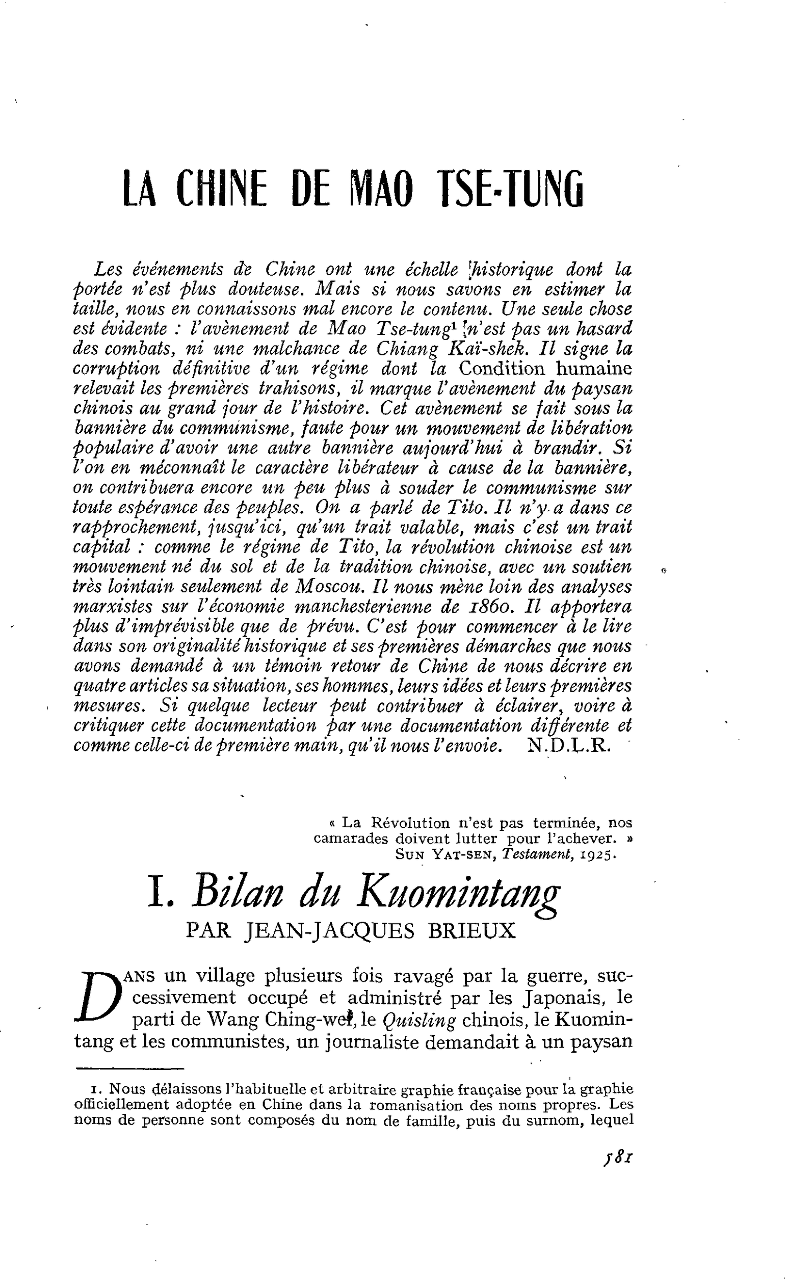 LA CHINE DE MAO TSE-TUNG I. Bilan du Kuomintang