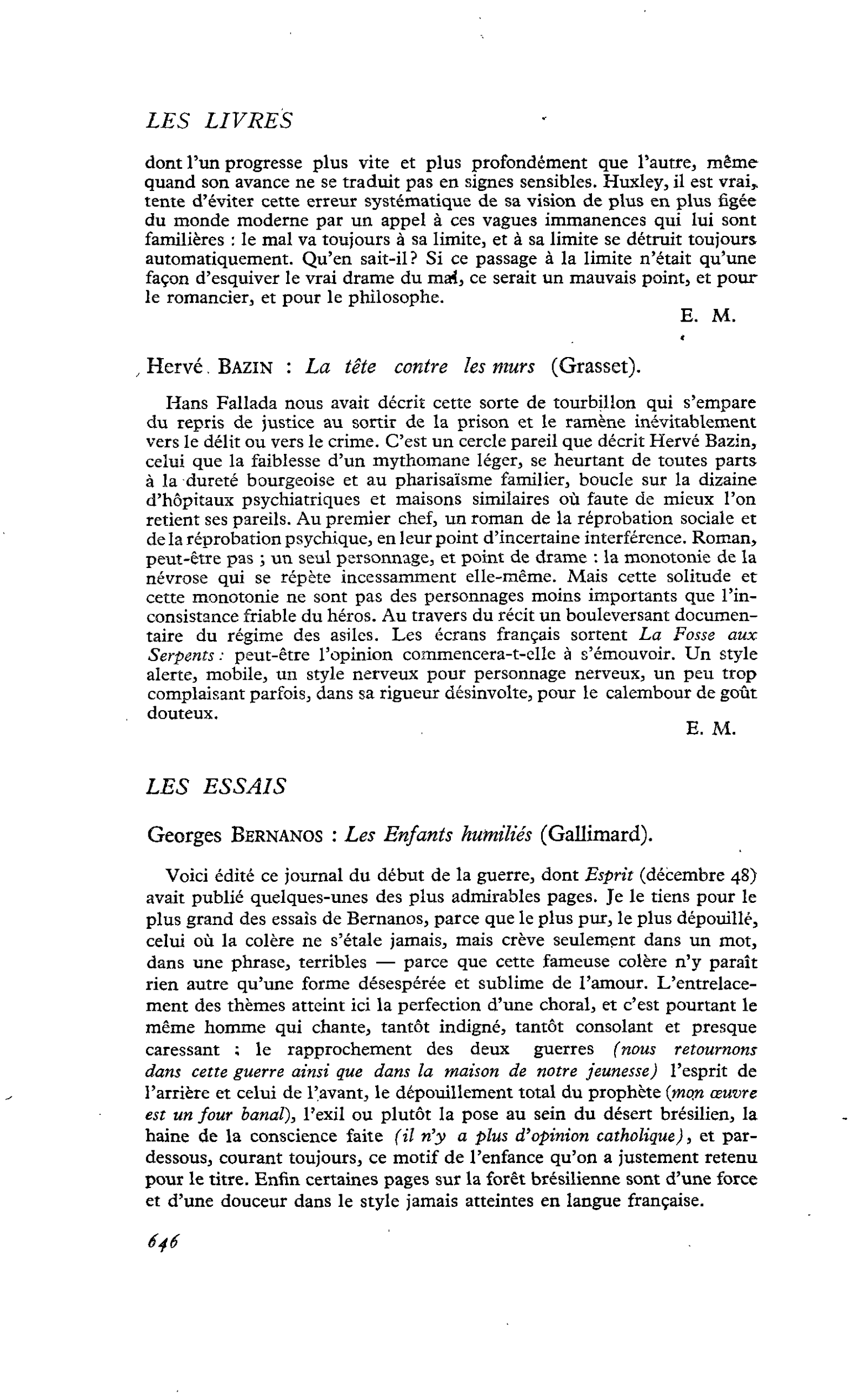 Hervé Bazin : La tête contre les murs
