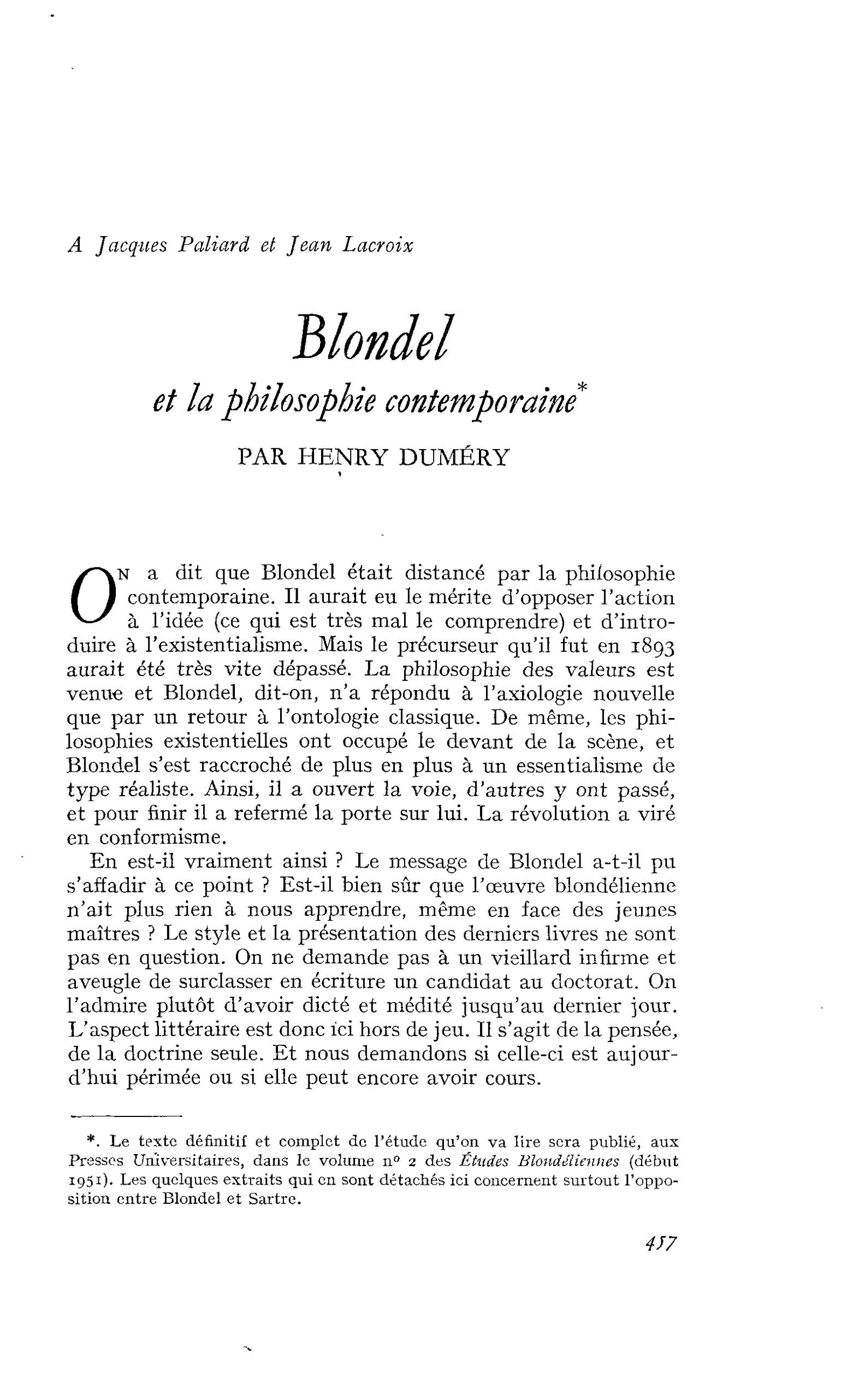 Blondel et la philosophie contemporaine