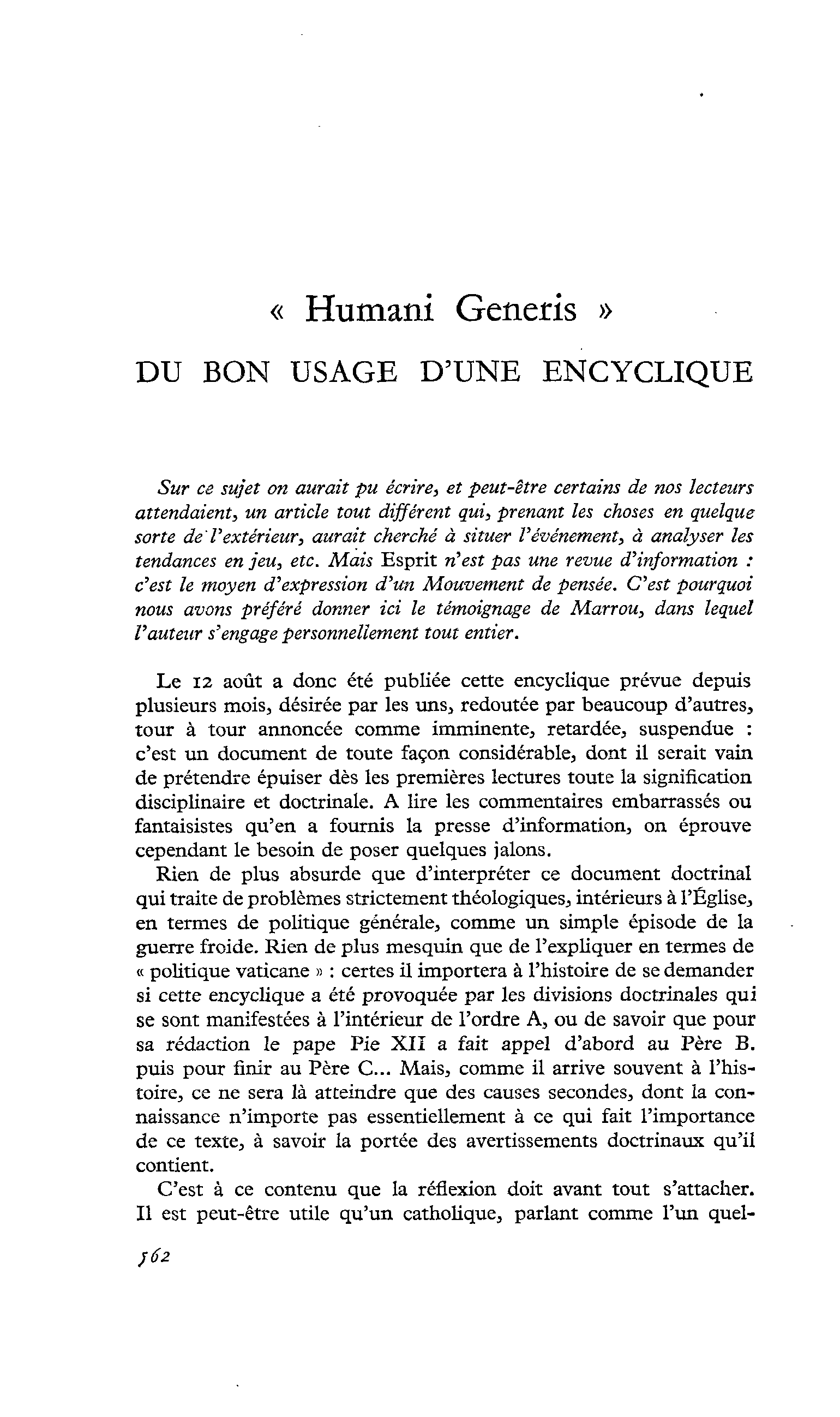 « Humani Generis » DU BON USAGE D’UNE ENCYCLIQUE