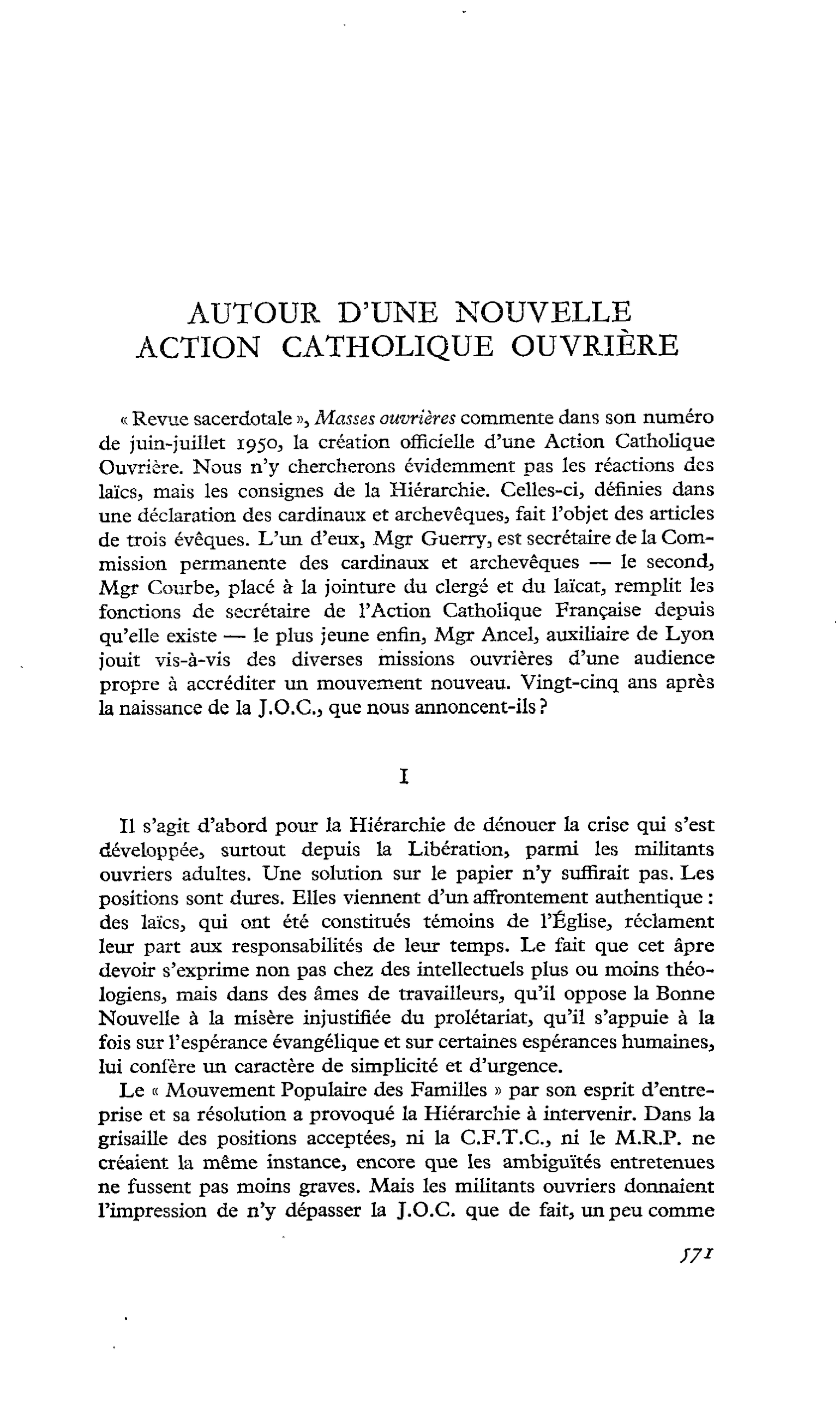 AUTOUR D’UNE NOUVELLE ACTION CATHOLIQUE OUVRIÈRE