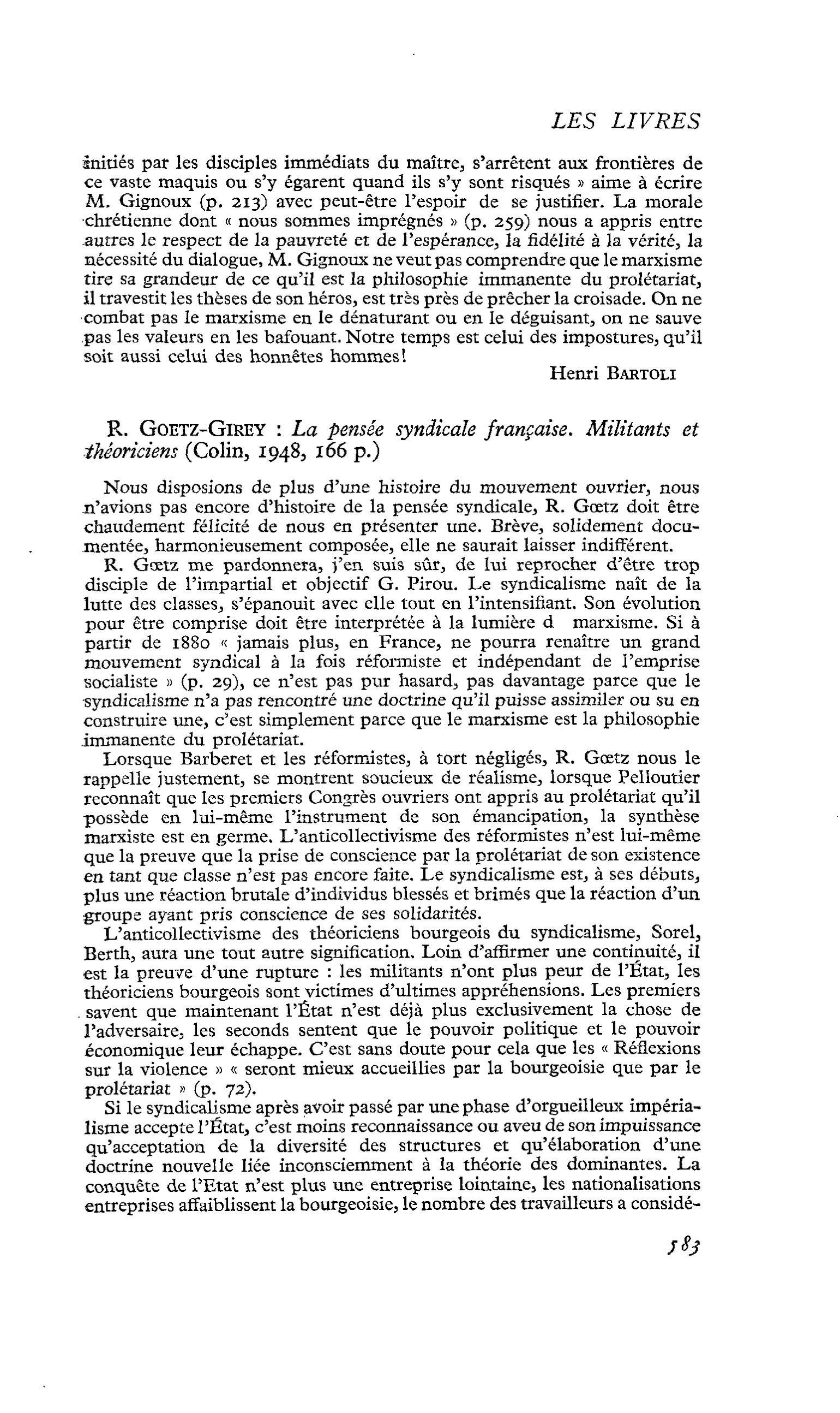 R. Goetz-Girey : La pensée syndicale française. Militants et théoriciens