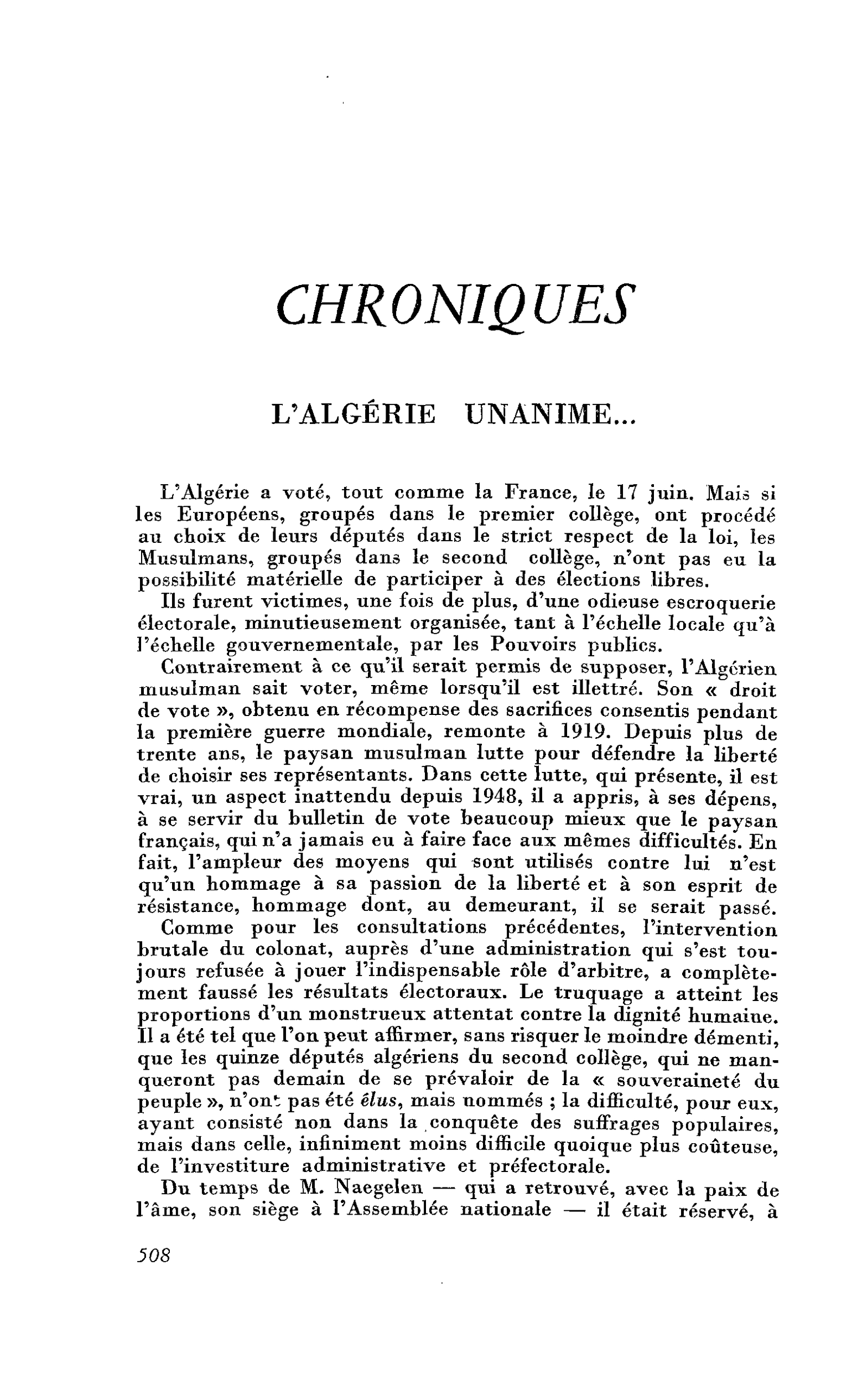 L’ALGÉRIE UNANIME…