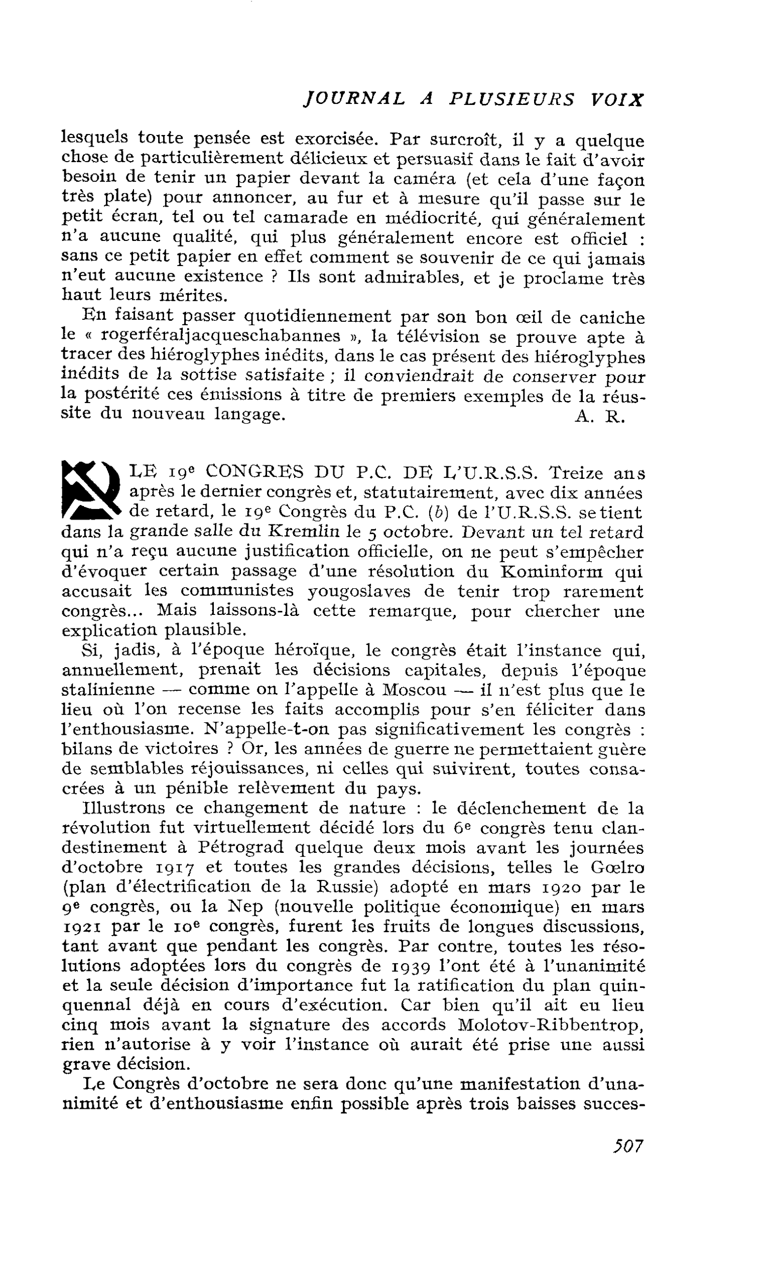 LE 19e CONGRES DU P.C. DE L’U.R.S.S.