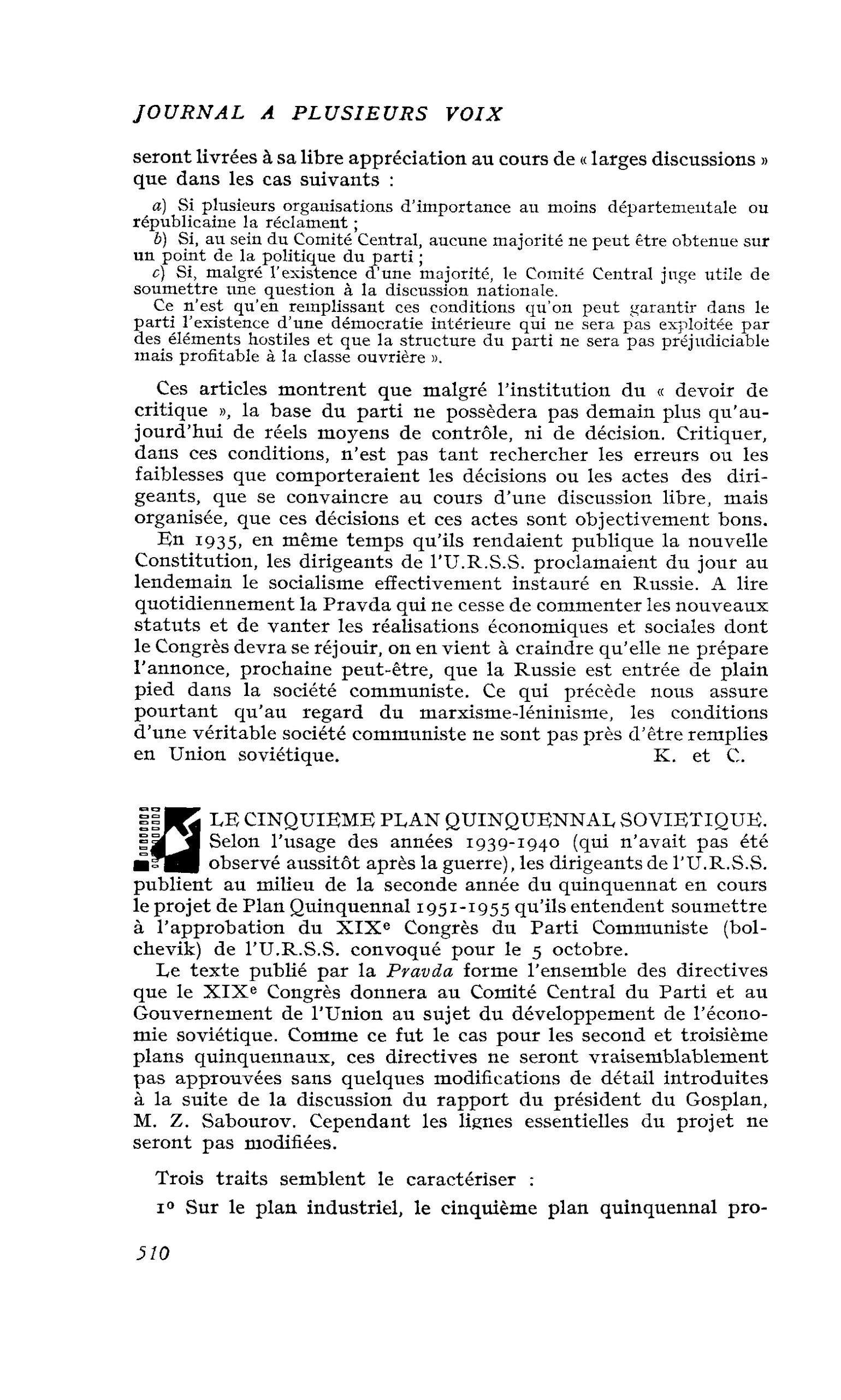 LE CINQUIEME PLAN QUINQUENNAL SOVIETIQUE