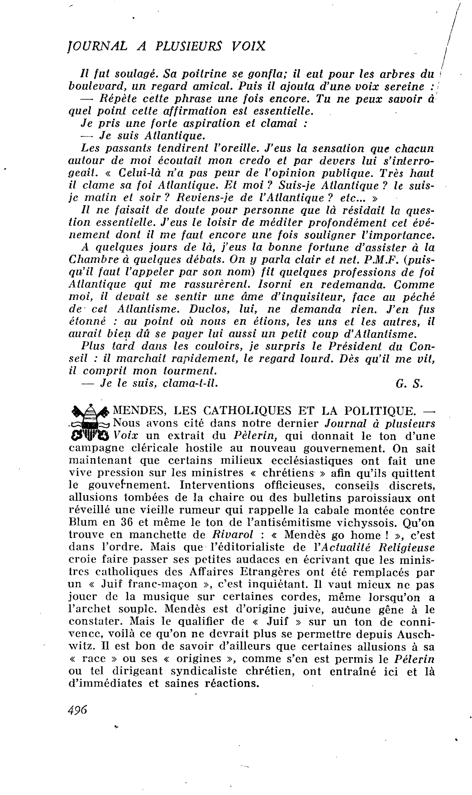 MENDES, LES CATHOLIQUES ET LA POLITIQUE