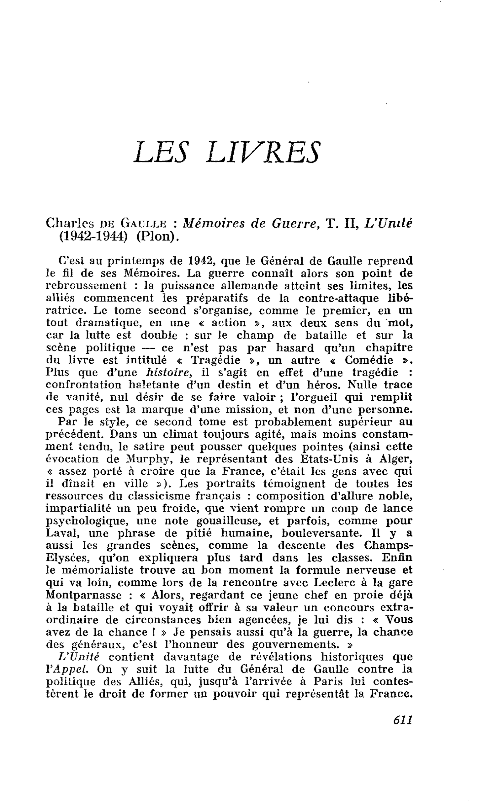 Charles de Gaulle : Mémoires de Guerre, T. II, L’Unité (1942-1944)
