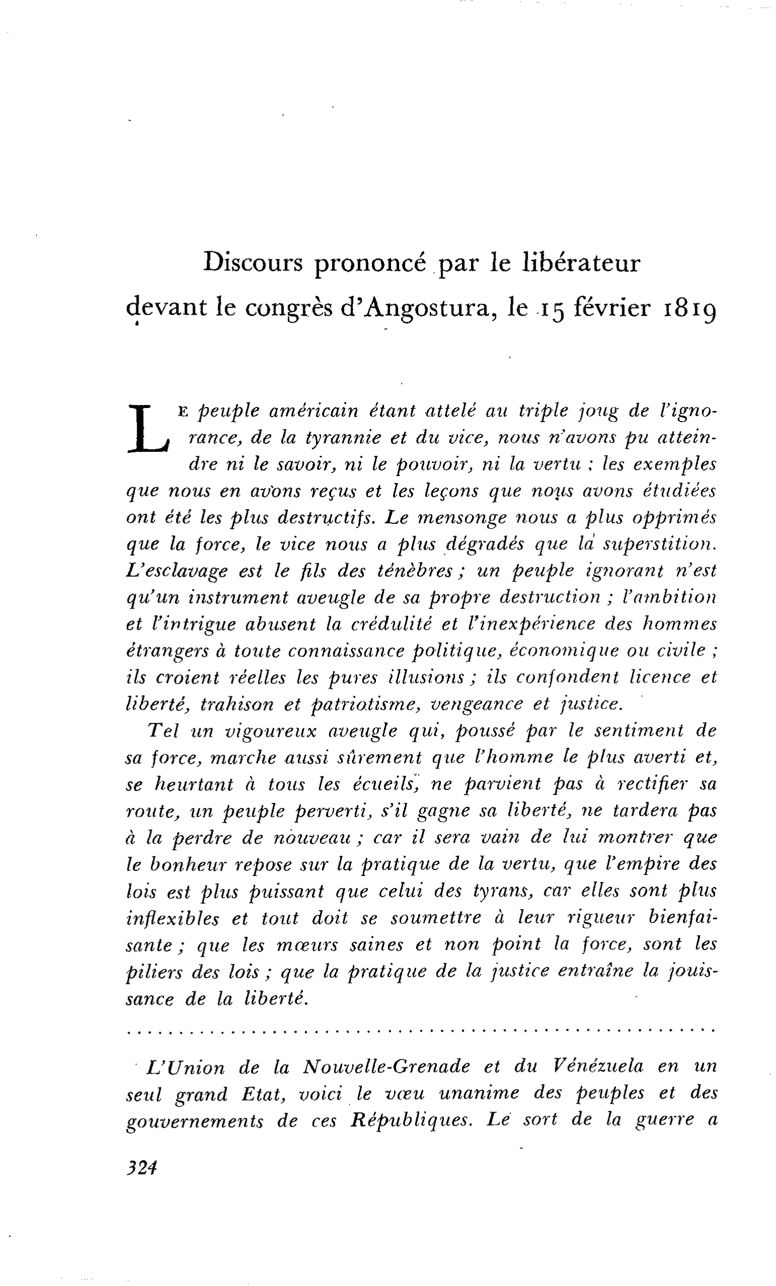 Discours prononcé par le libérateur devant le congrès d’Angostura, le 15 février 1819