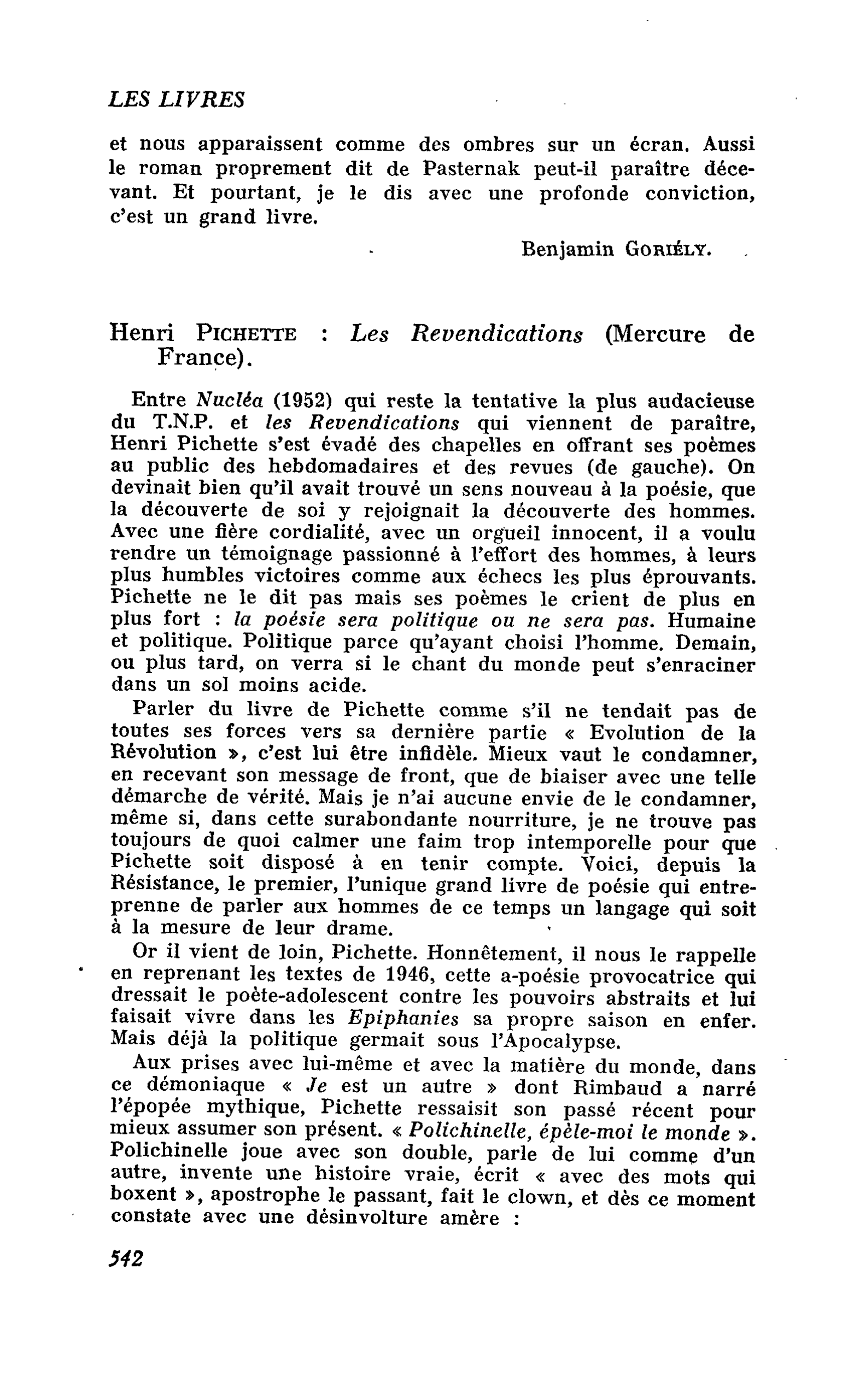 Henri Pichette : Les Revendications