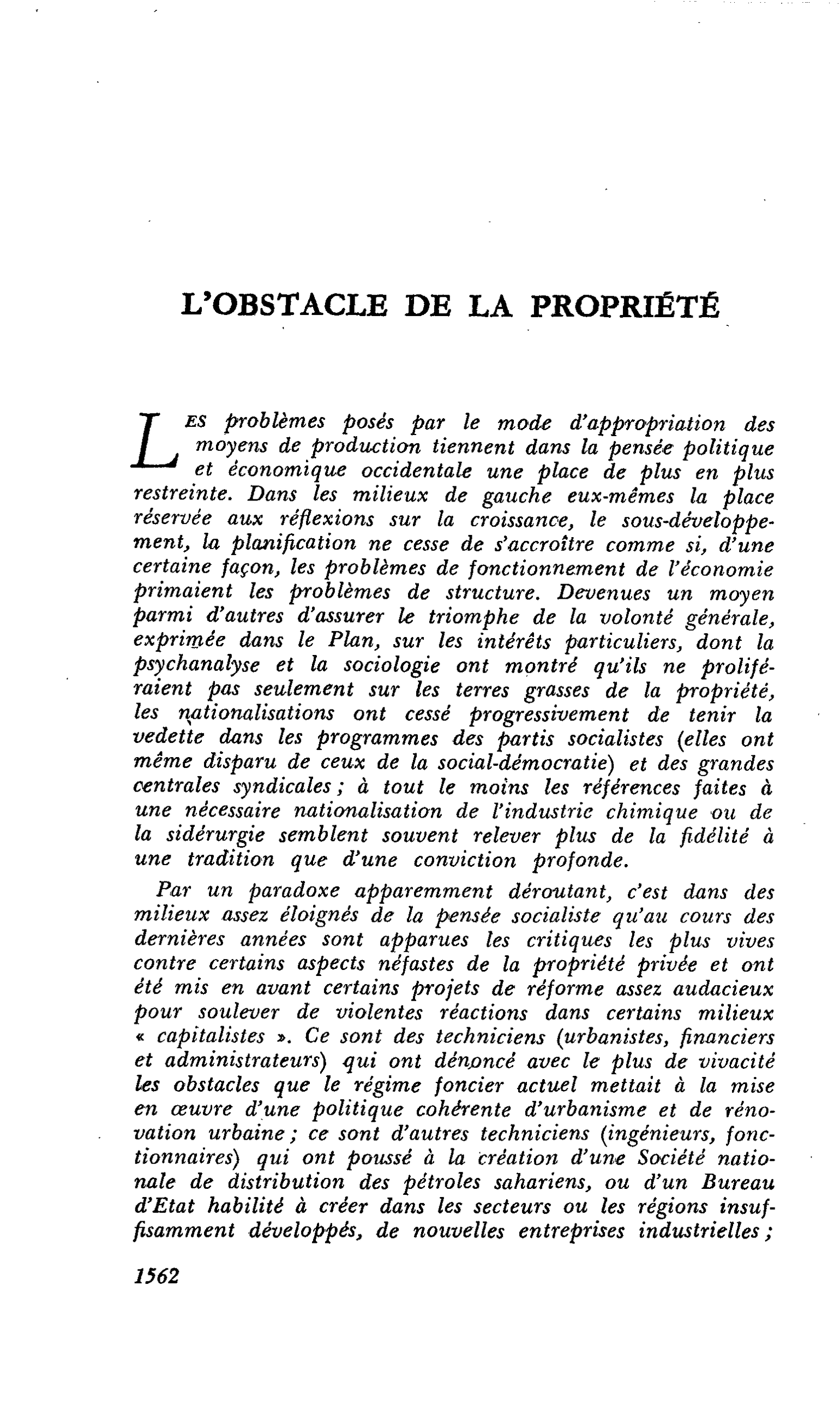 L’OBSTACLE DE LA PROPRIÉTÉ