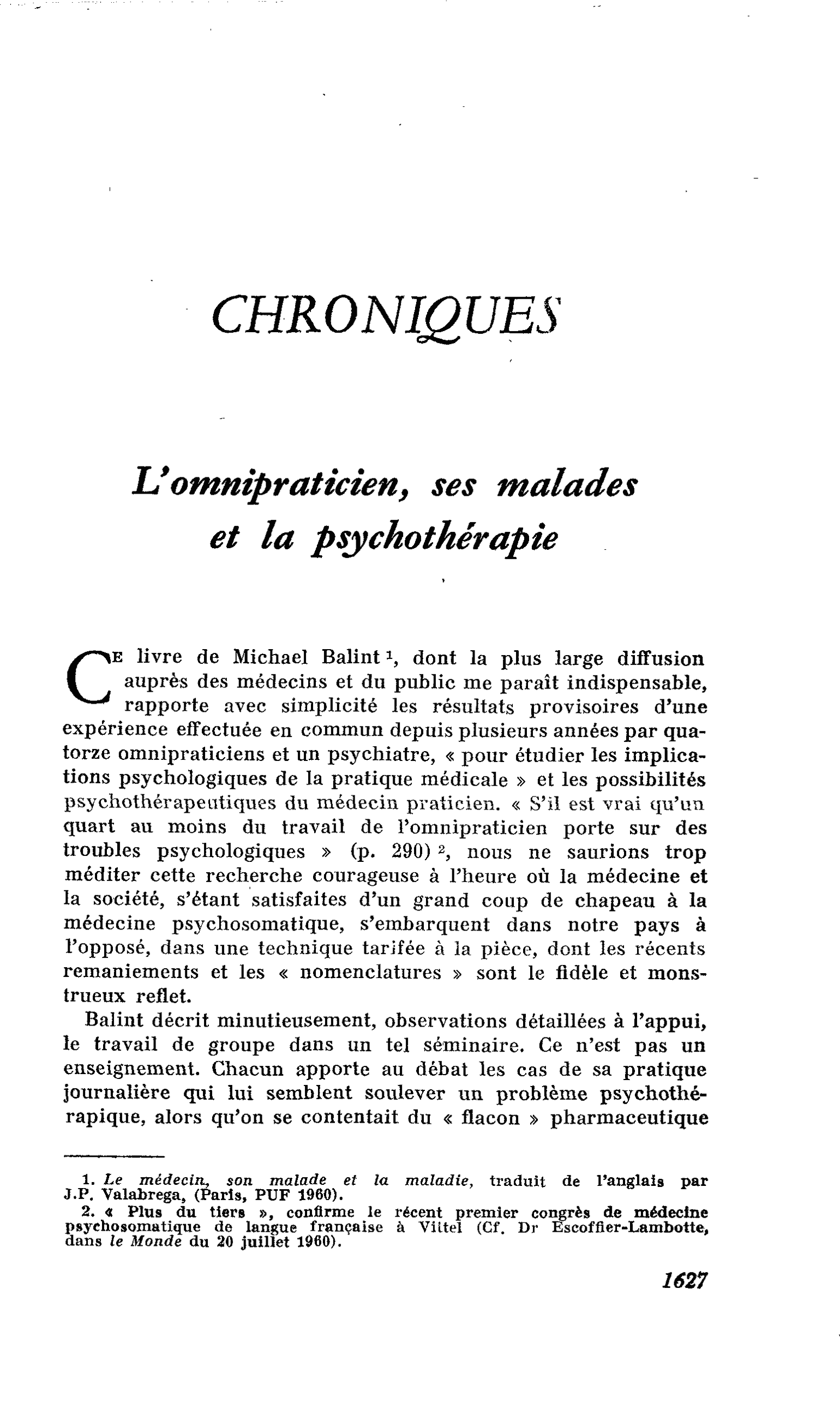 L’omnipraticien, ses malades et la psychothérapie