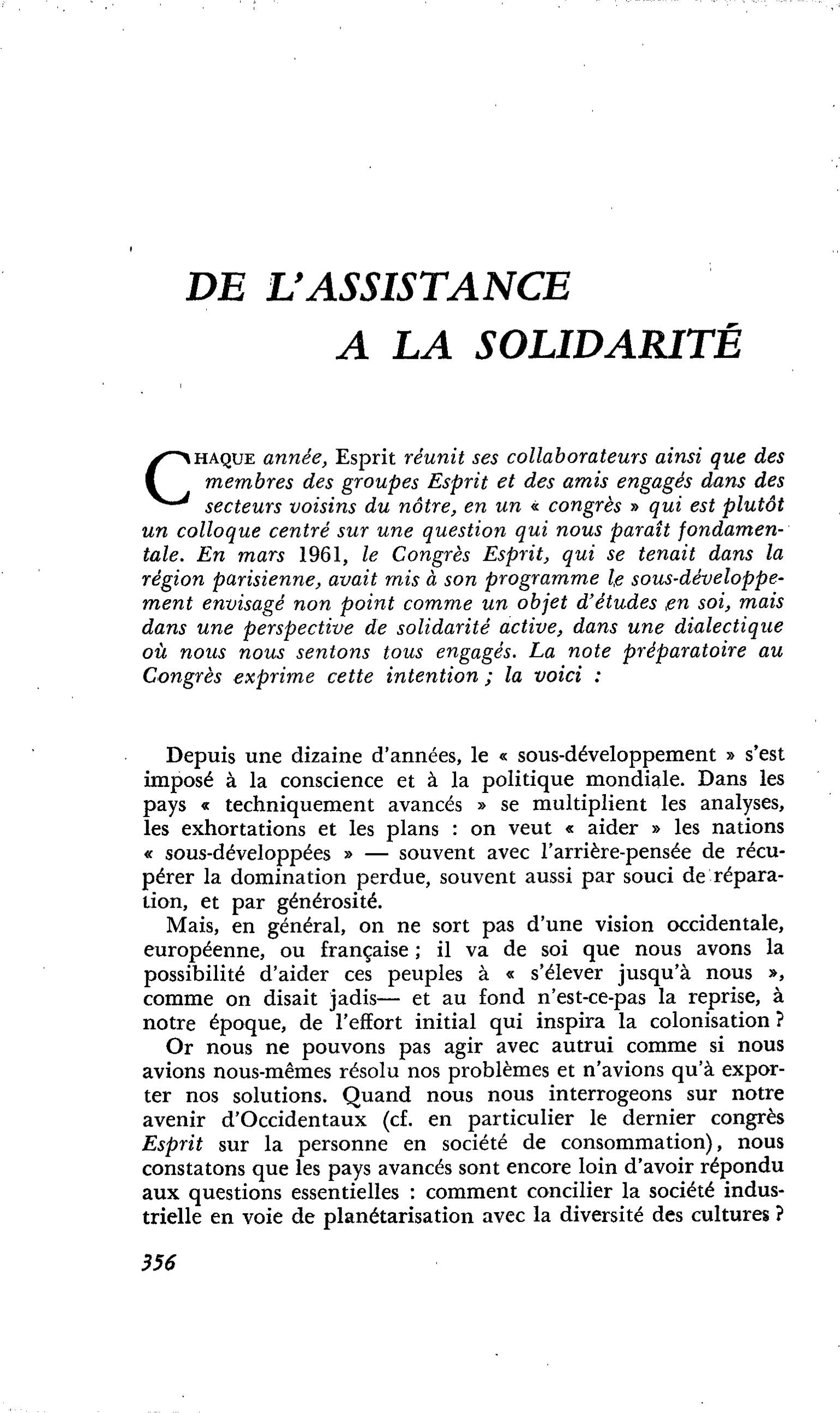DE L’ASSISTANCE A LA SOLIDARITÉ