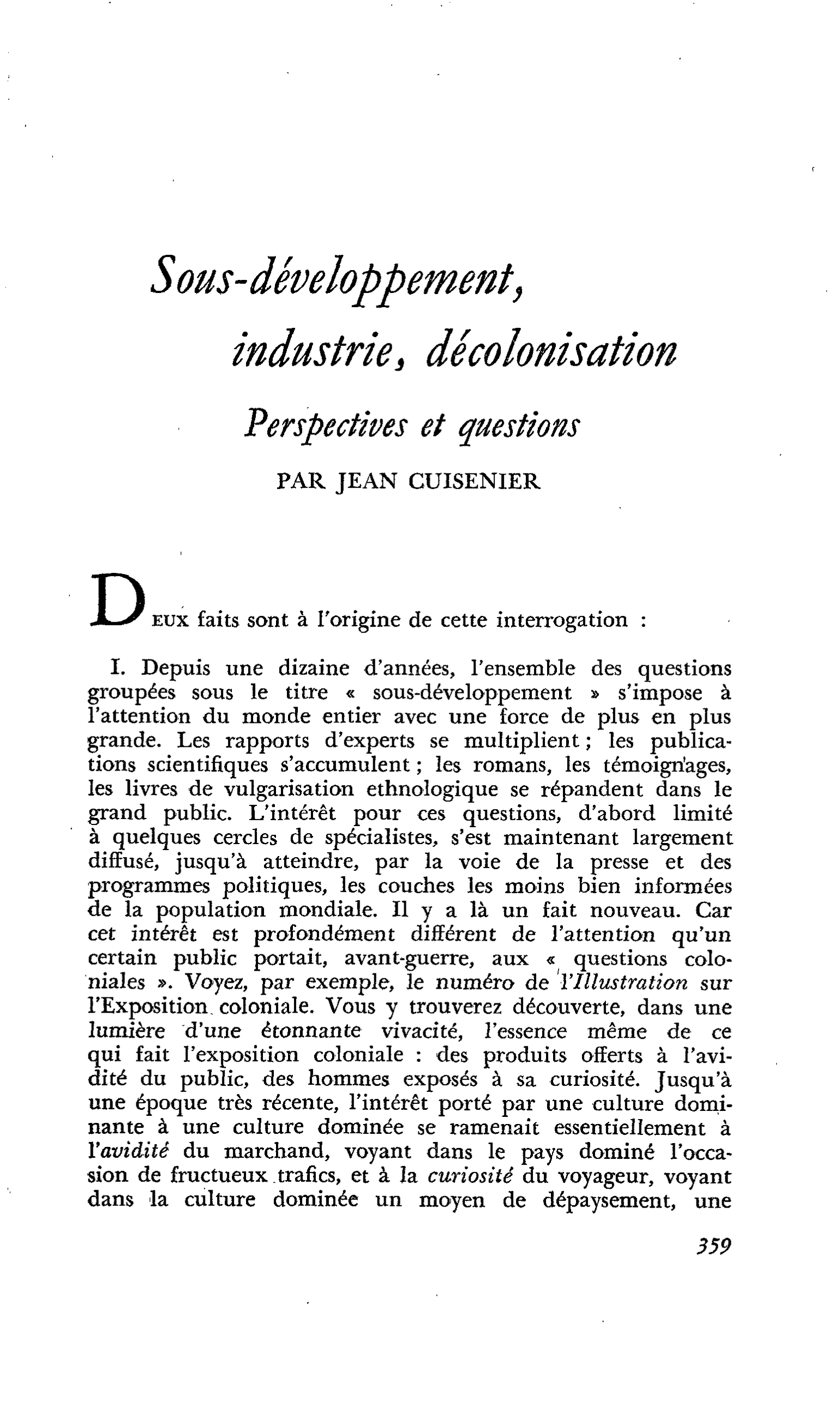 Sous-développement, industrie, décolonisation. Perspectives et questions