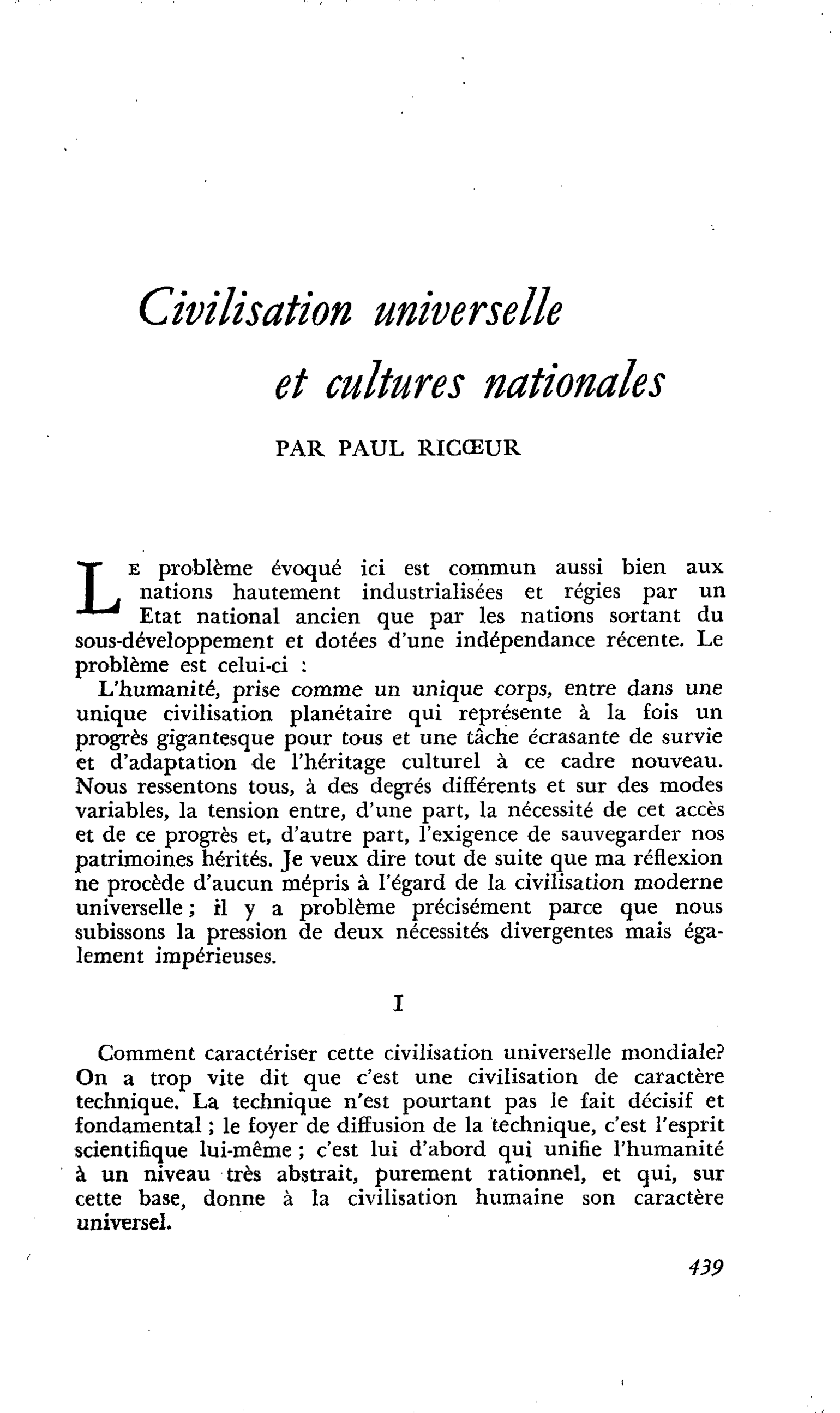 Civilisation universelle et cultures nationales