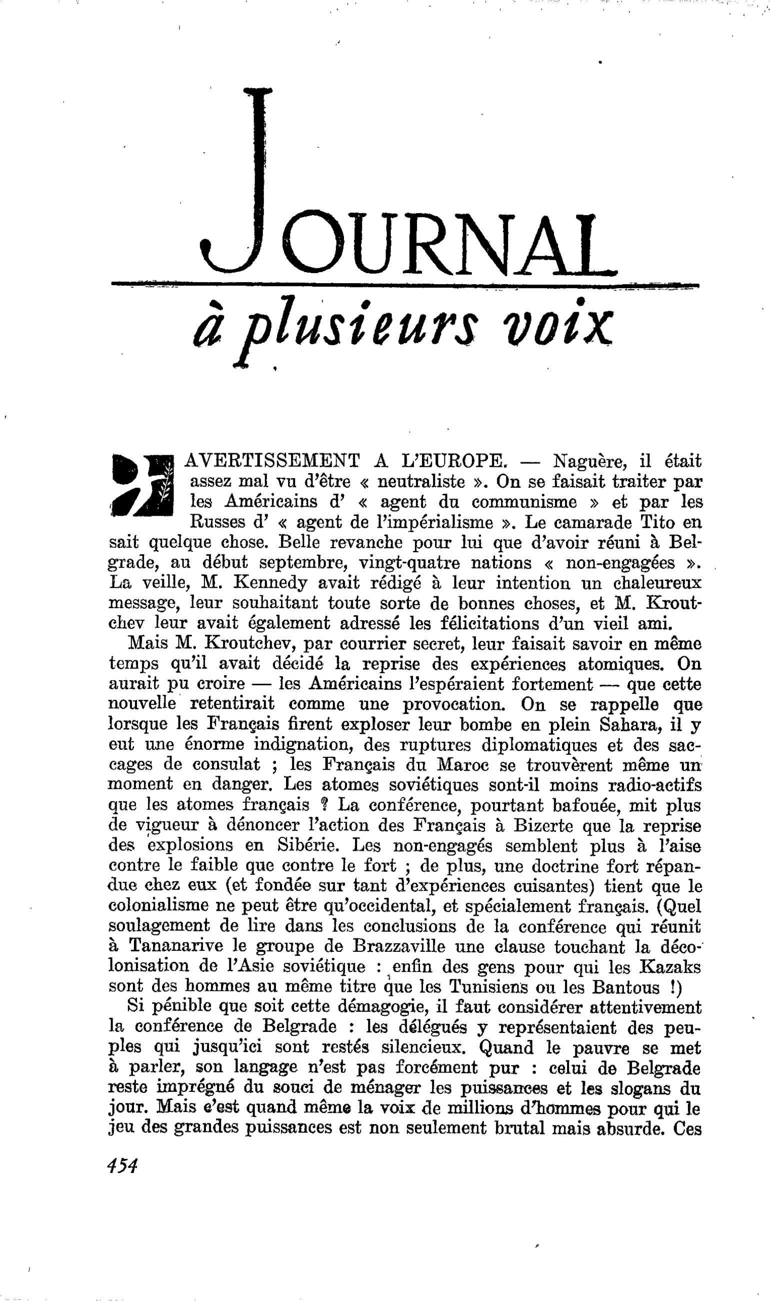 AVERTISSEMENT A L’EUROPE