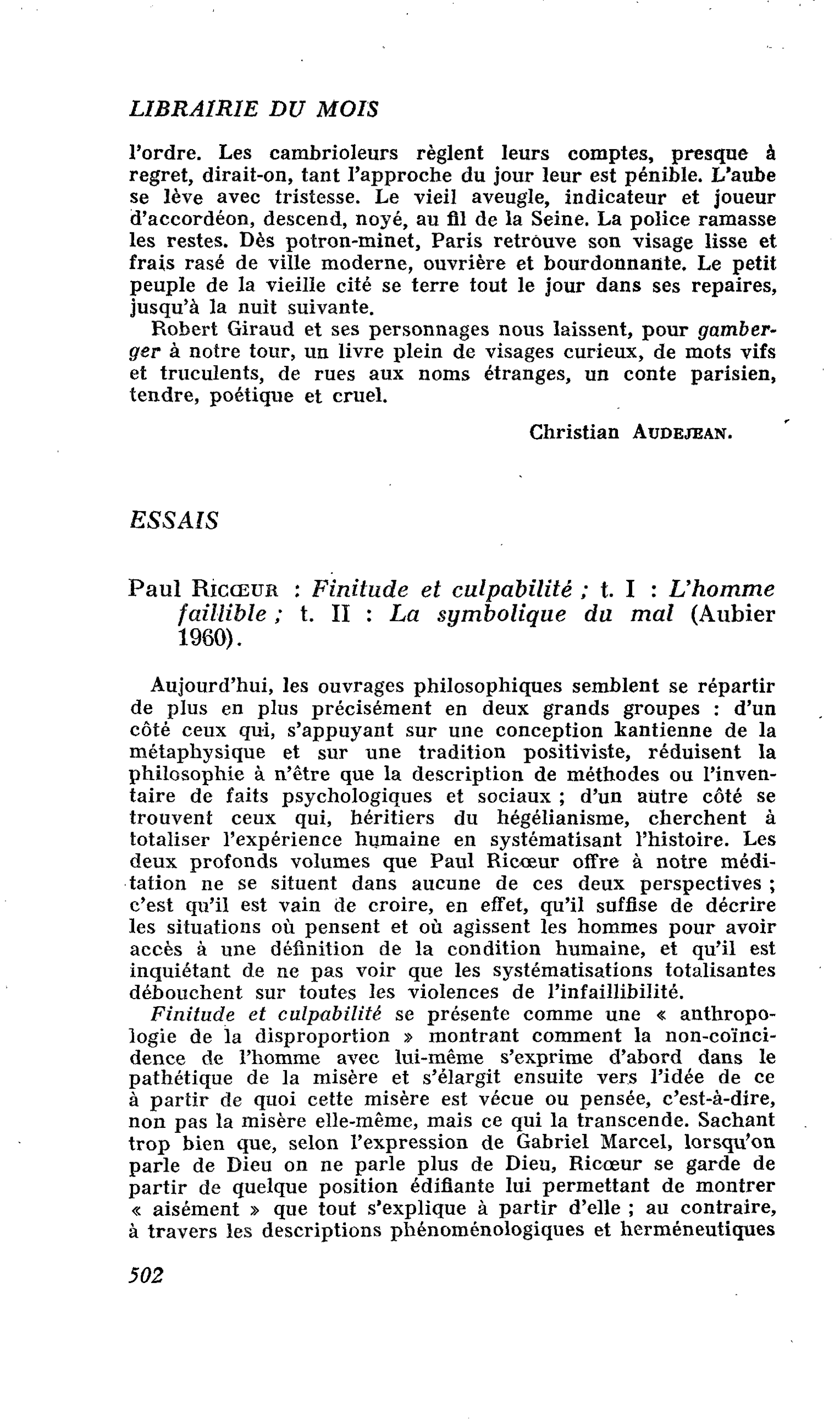 Paul Ricoeur : Finitude et culpabilité ; t. I : L’homme faillible ; t. II : La symbolique du mal