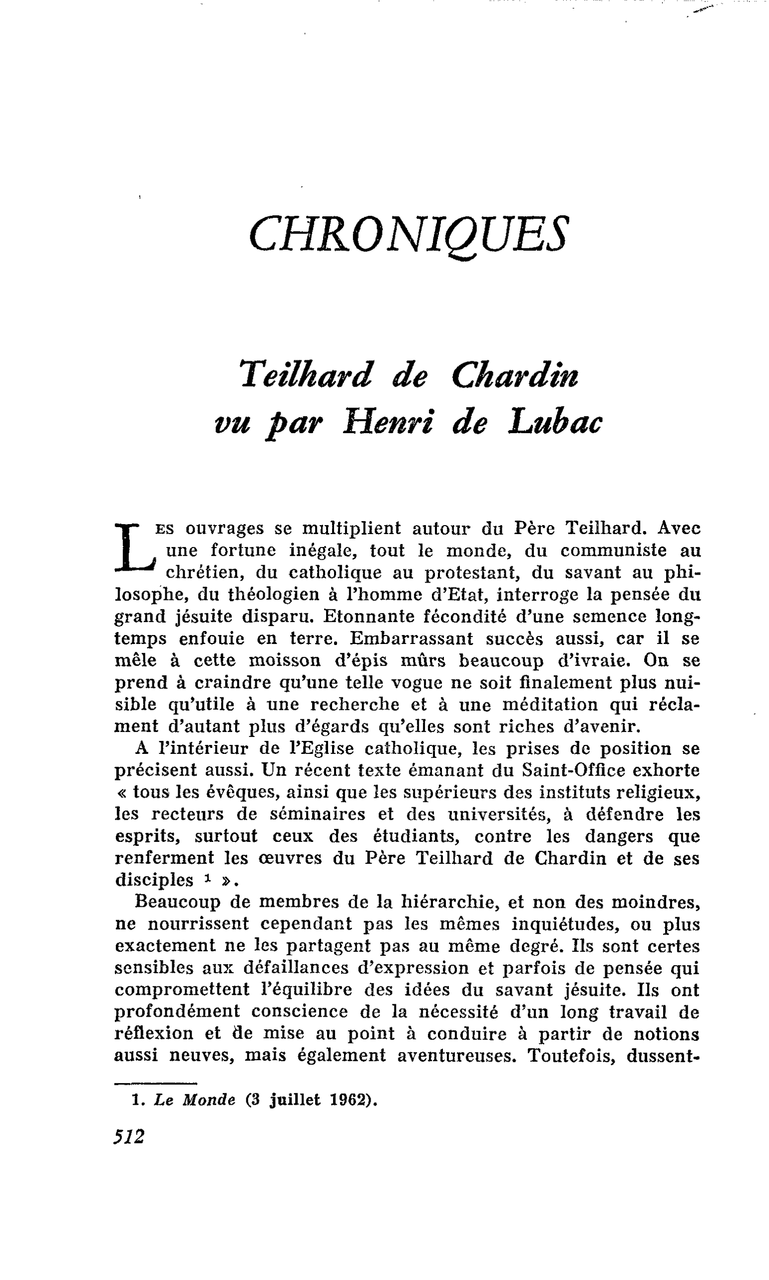 Teilhard de Chardin vu par Henri de Luhac