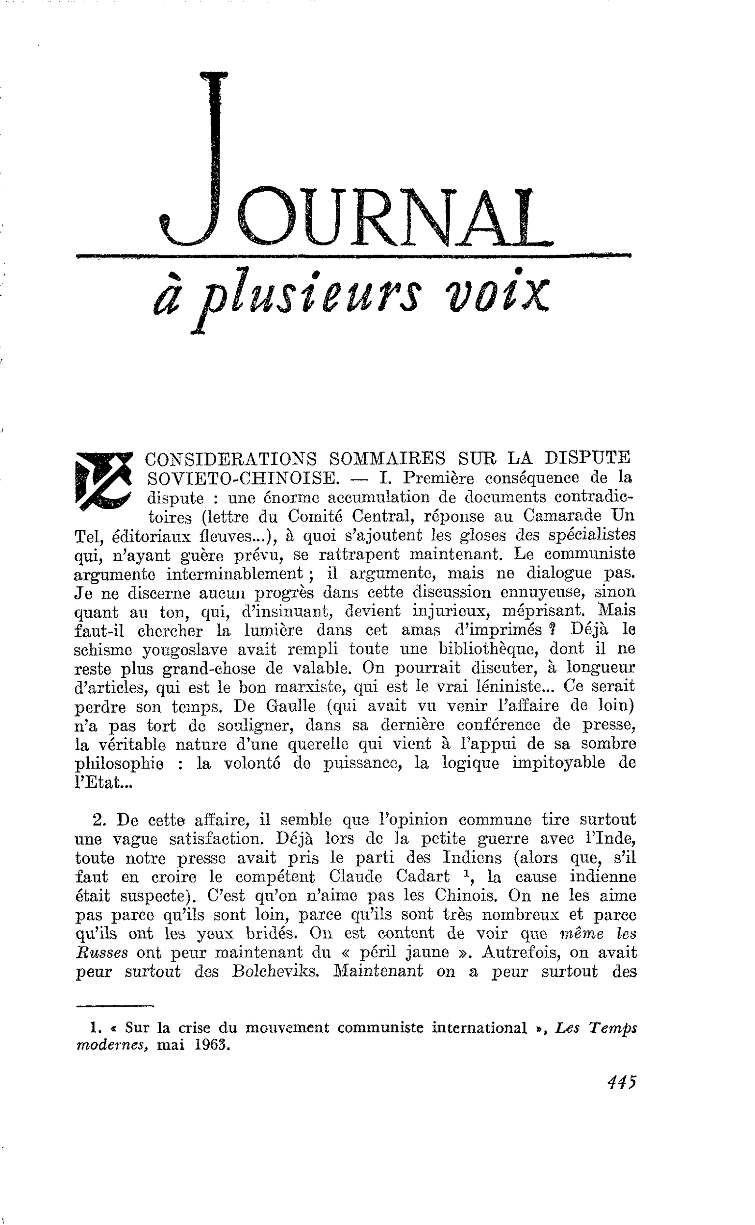 CONSIDERATIONS SOMMAIRES SUR LA DISPUTE SOVIETO-CHINOISE