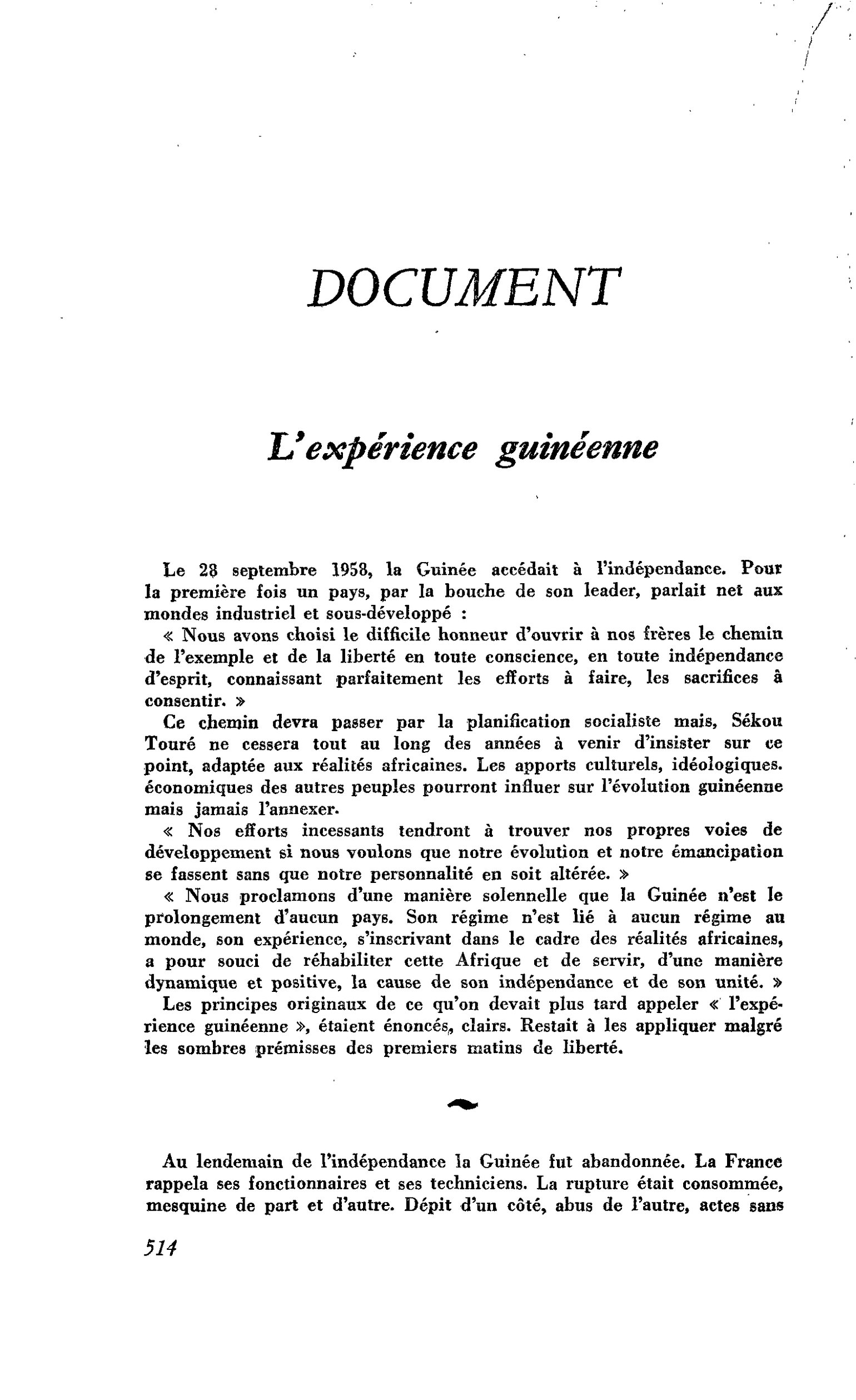 L’expérience guinéenne