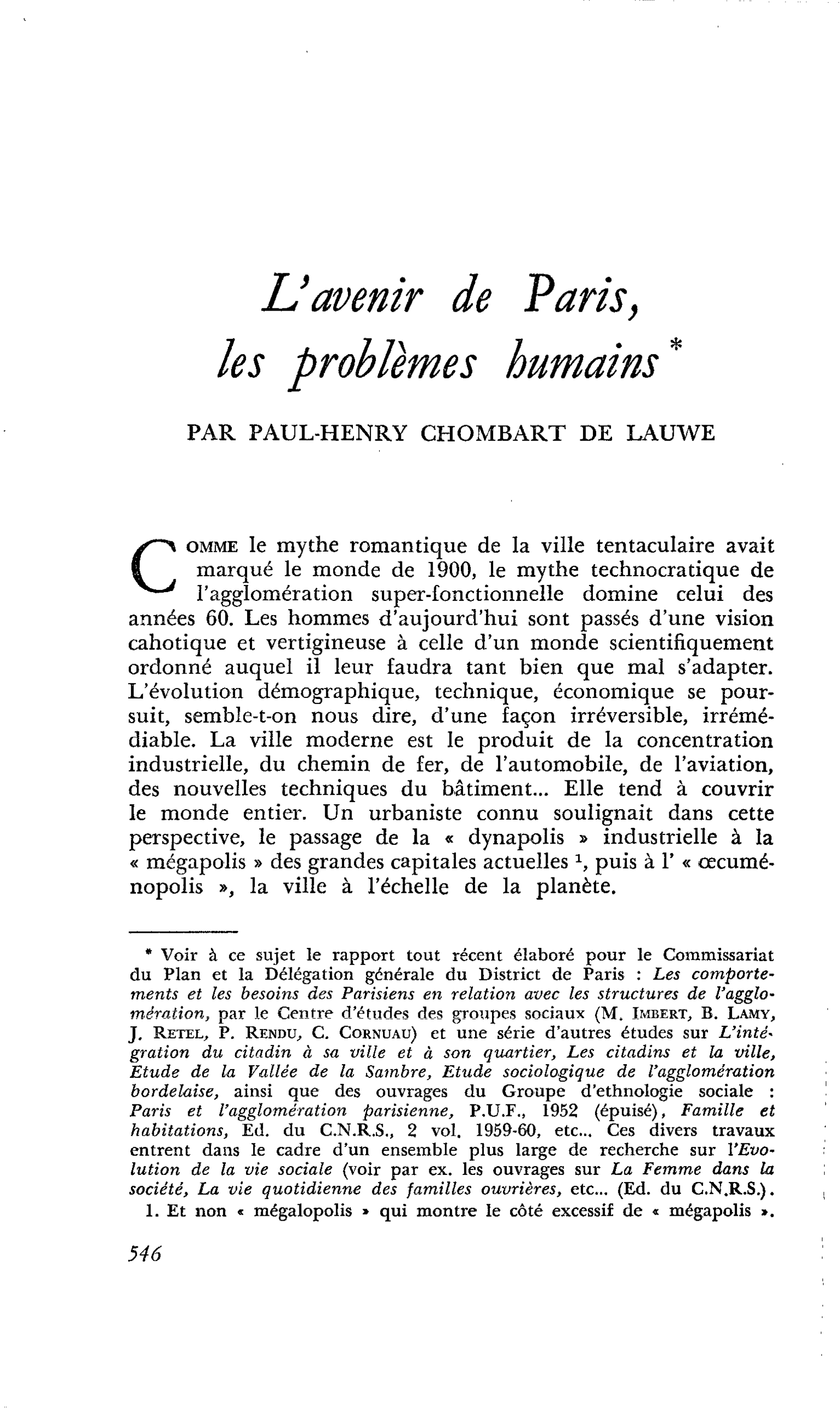 L’avenir de Paris, les problèmes humains
