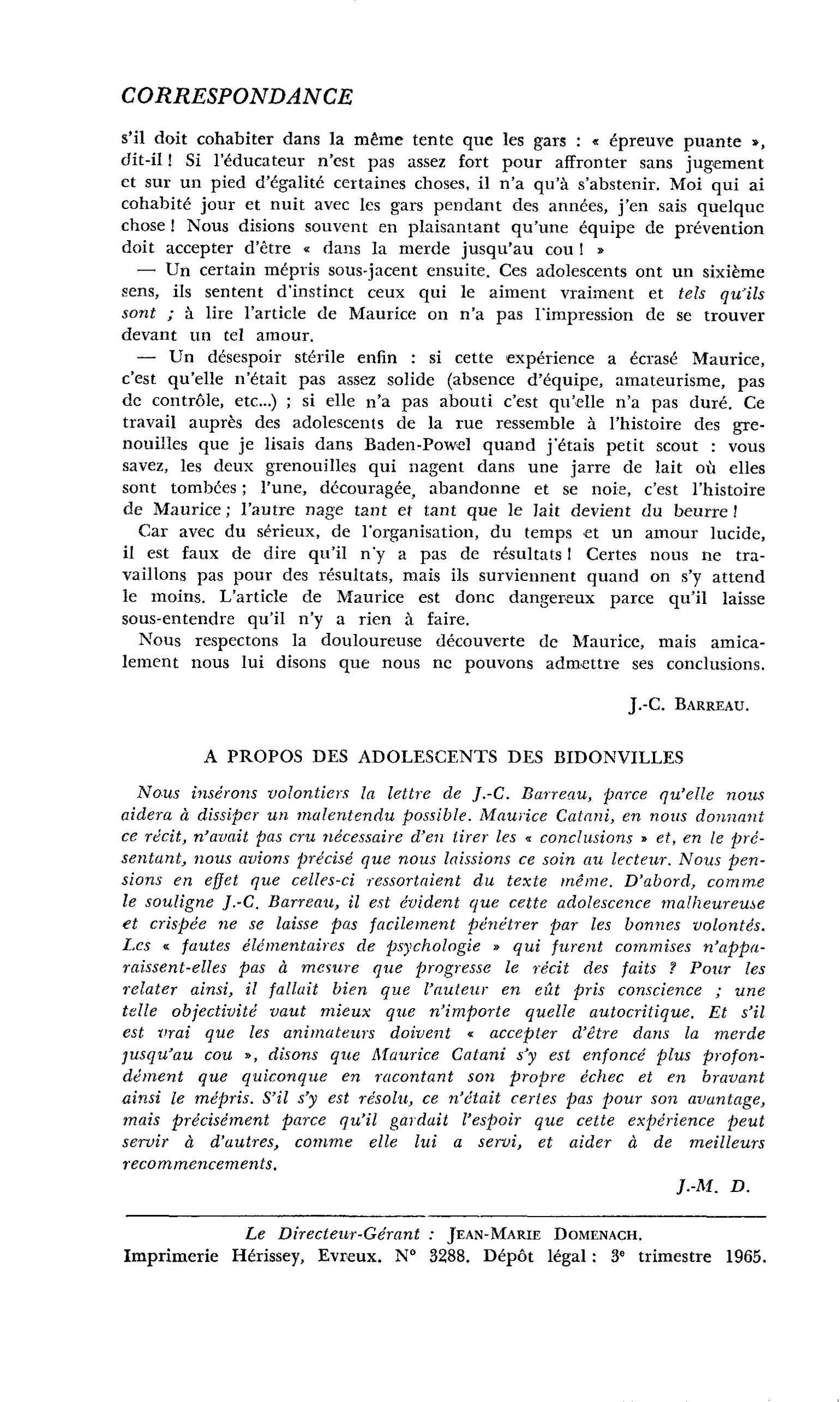 A PROPOS DES ADOLESCENTS DES BIDONVILLES