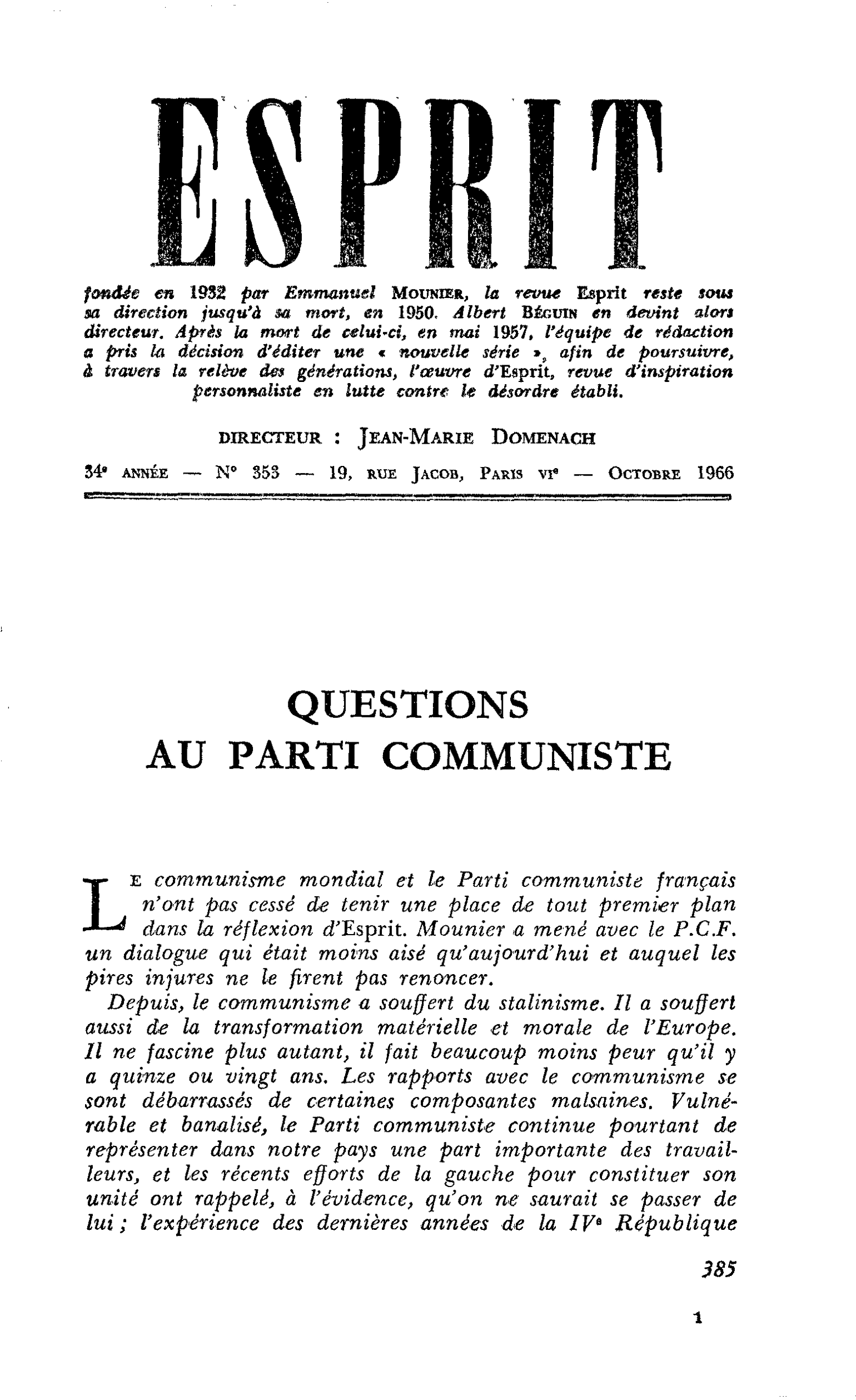 QUESTIONS AU PARTI COMMUNISTE