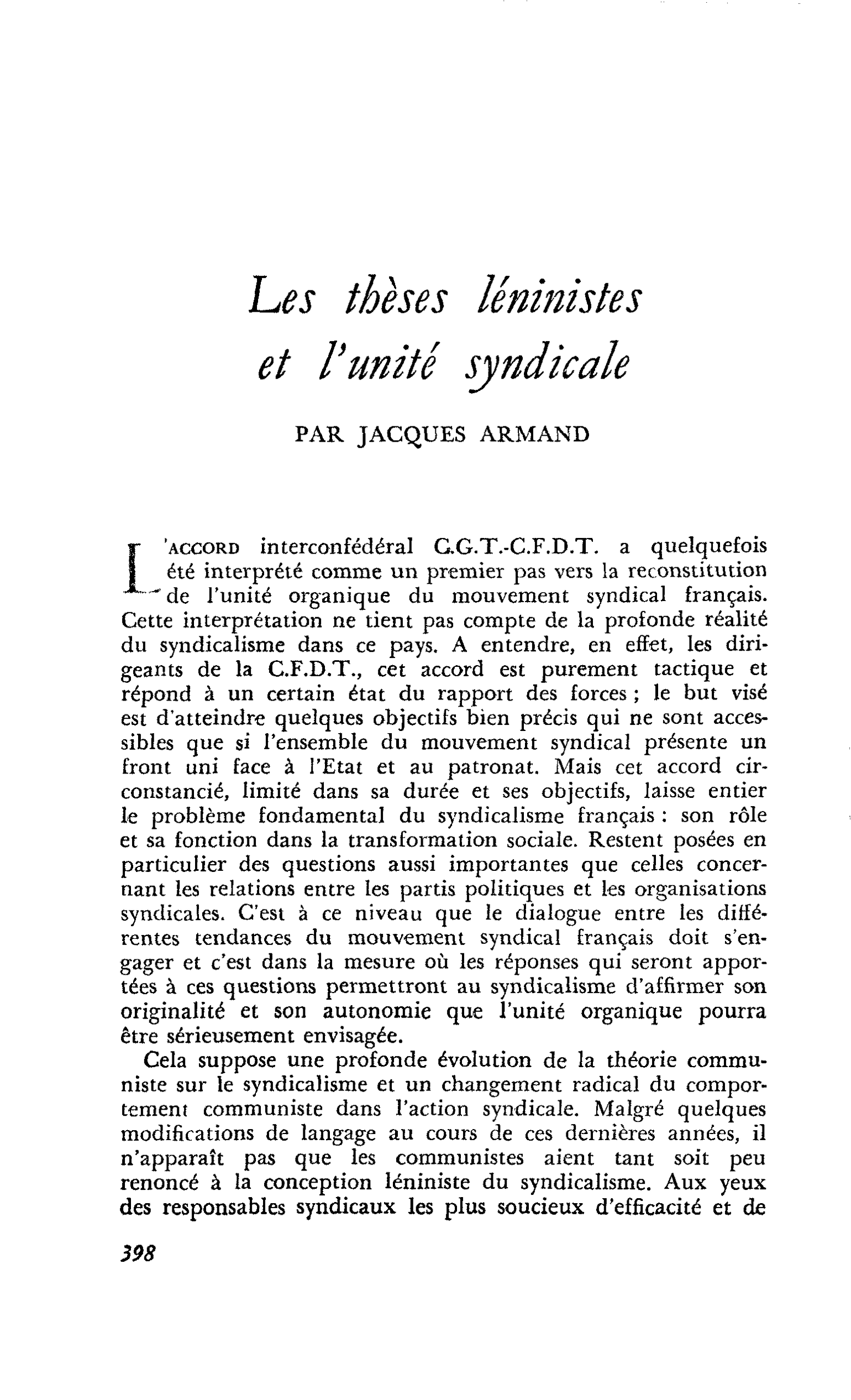 Les thèses léninistes et l’unité syndicale