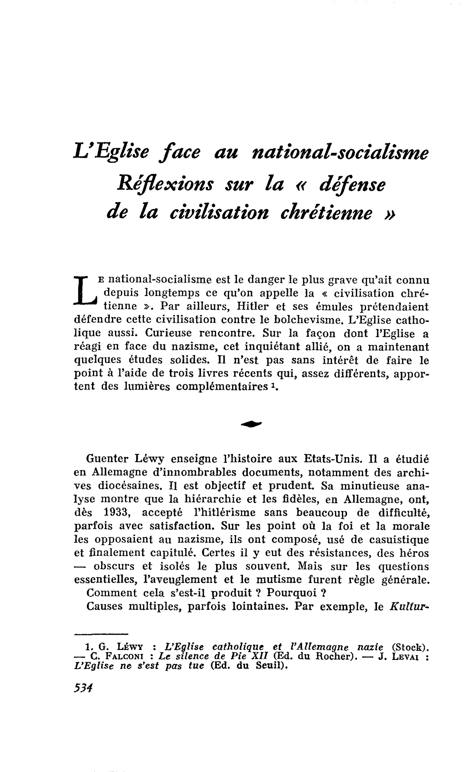 L’Eglise face au national-socialisme. Réflexions sur la « défense de la civilisation chrétienne »