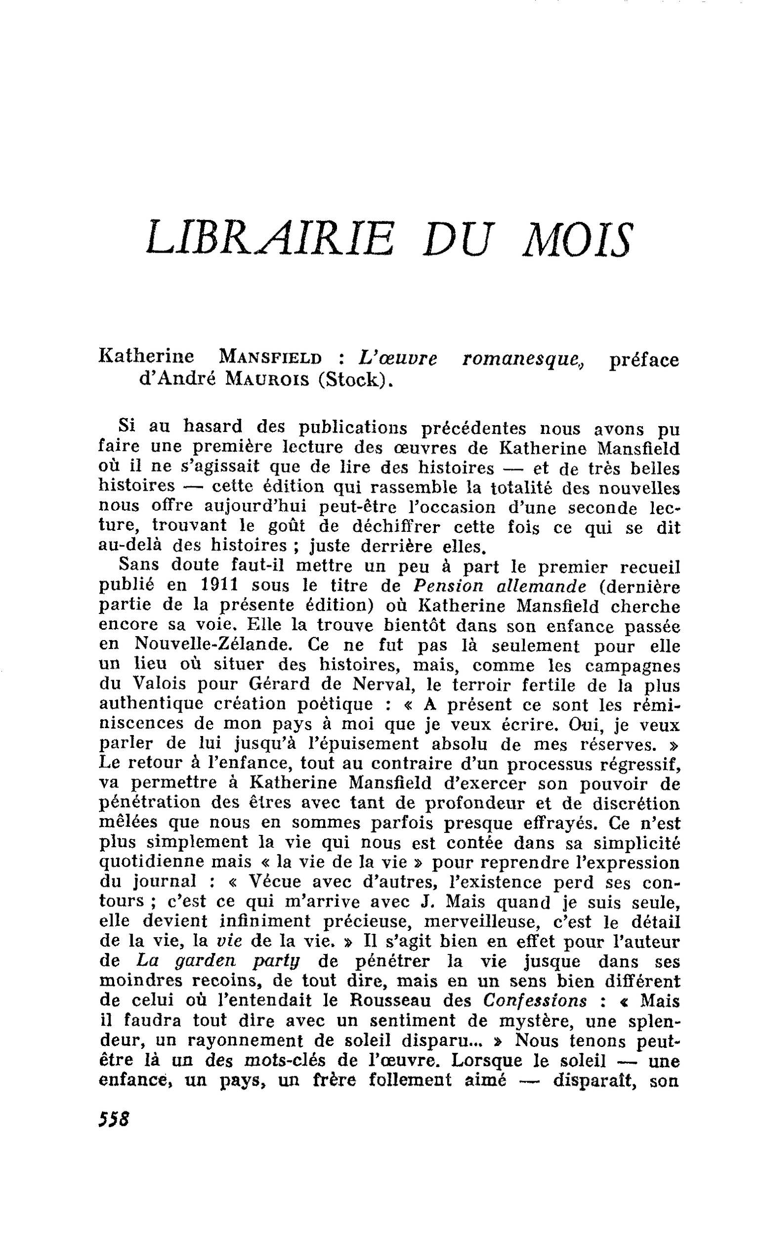 Katherine Mansfield : L’oeuvre romanesque