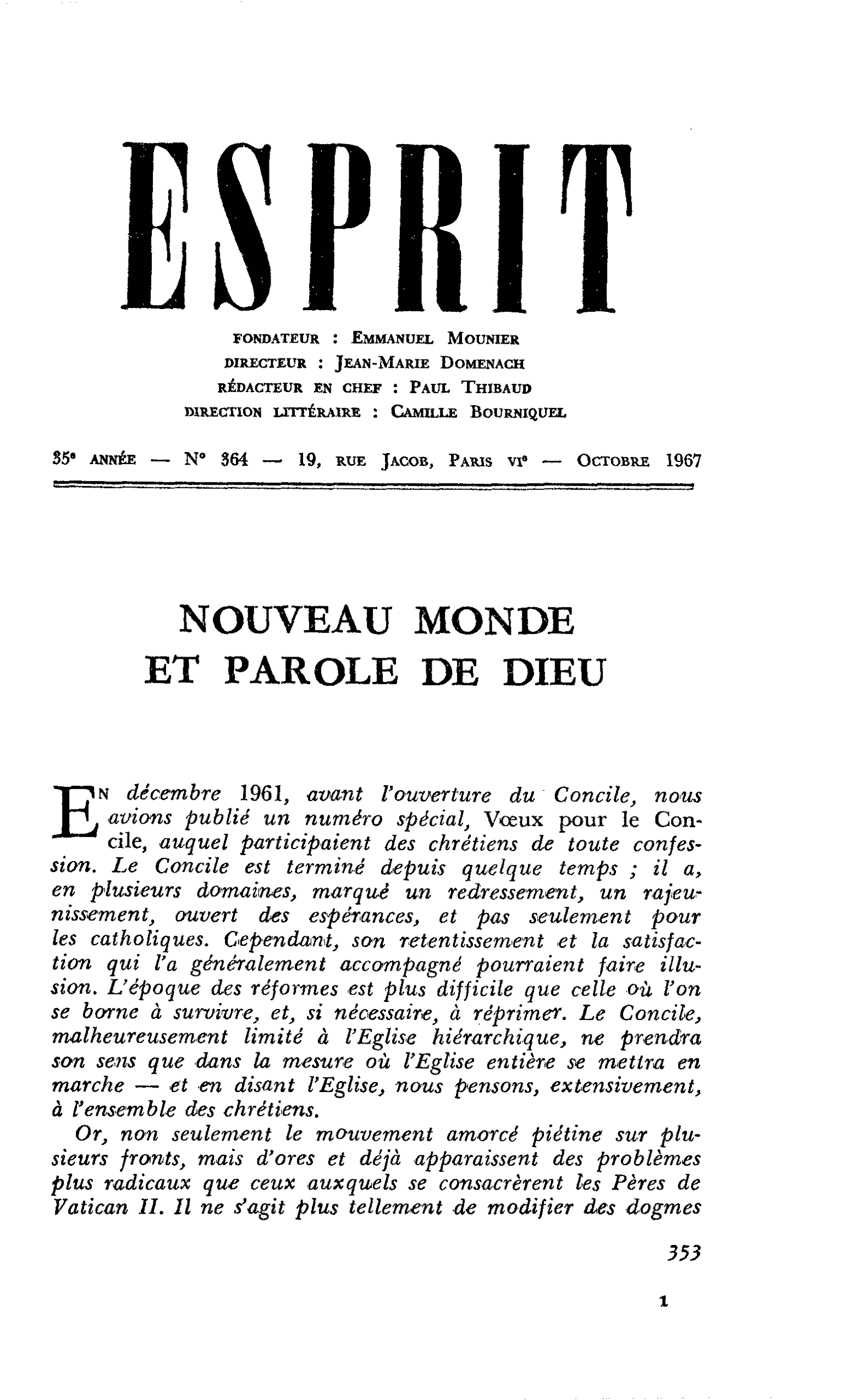 NOUVEAU MONDE ET PAROLE DE DIEU