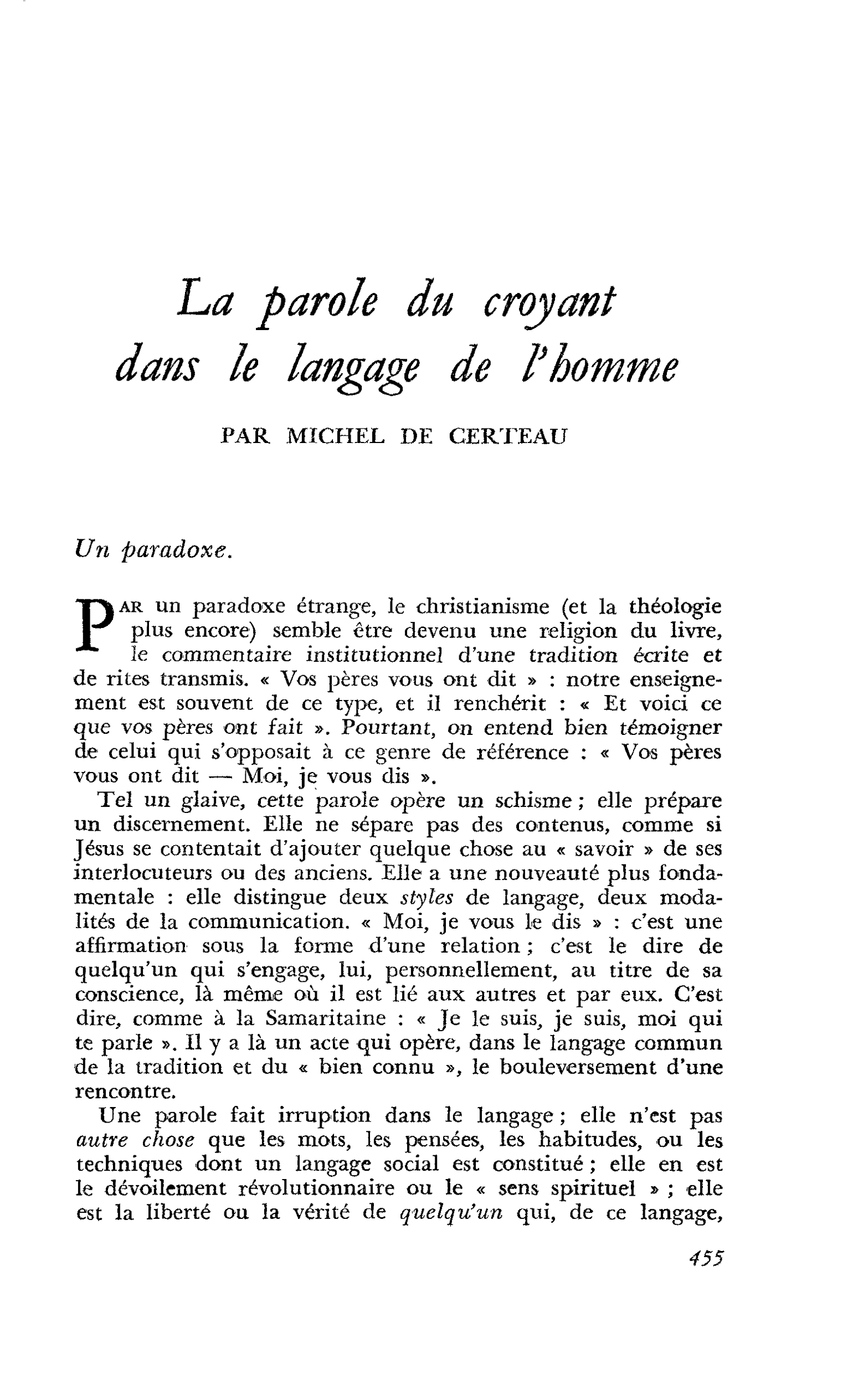 La parole du croyant dans le langage de l’homme