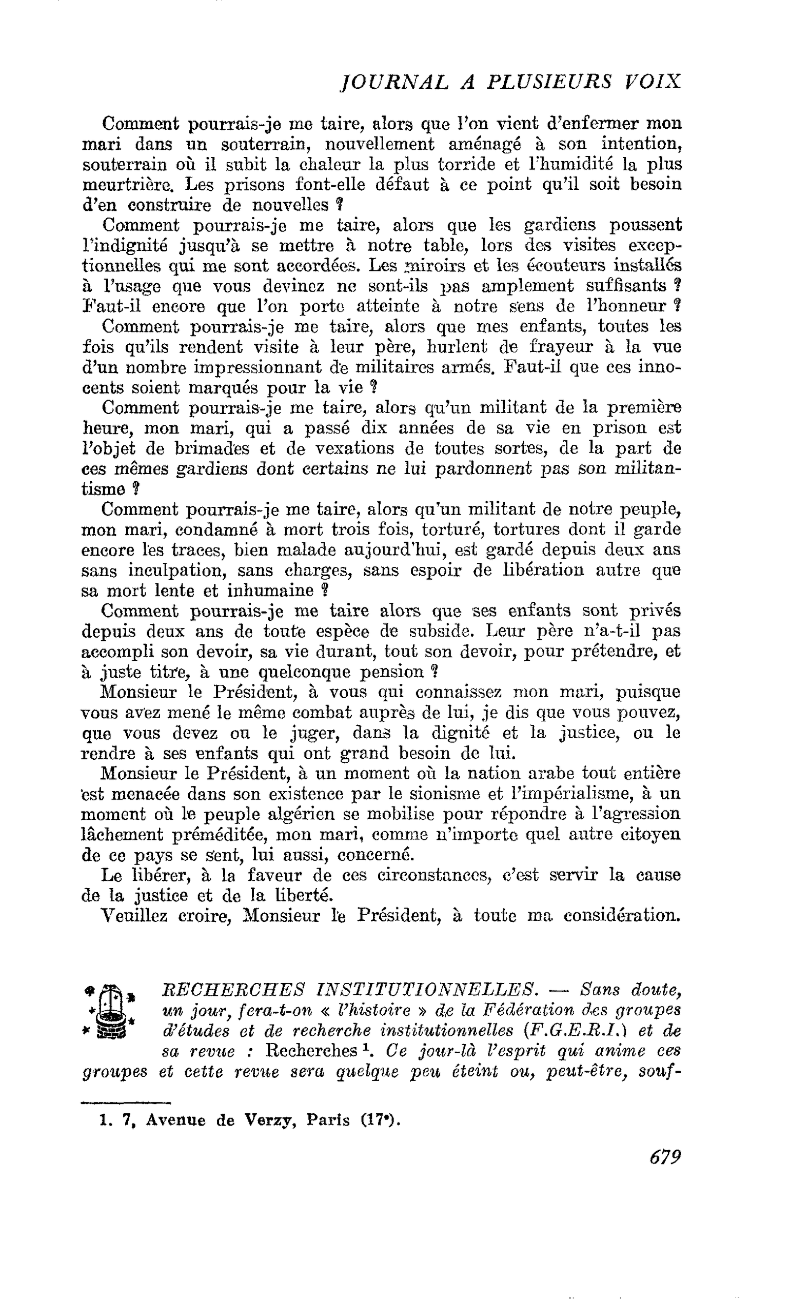 RECHERCHES INSTITUTIONNELLES