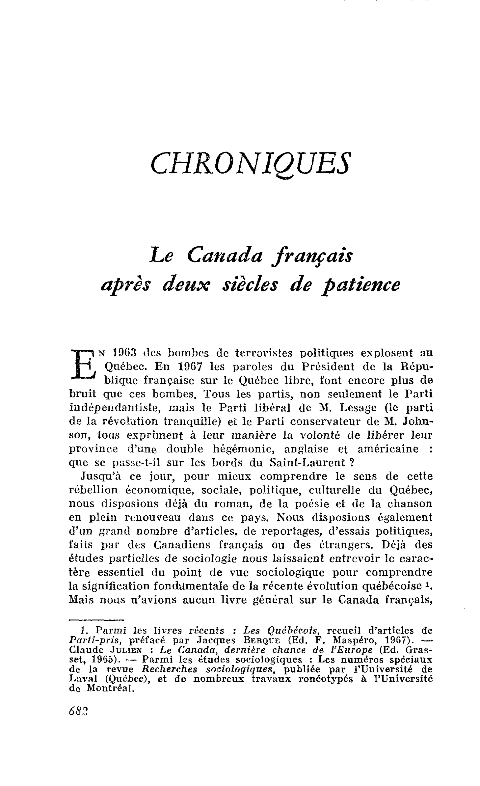 Le Canada français après deux siècles de patience