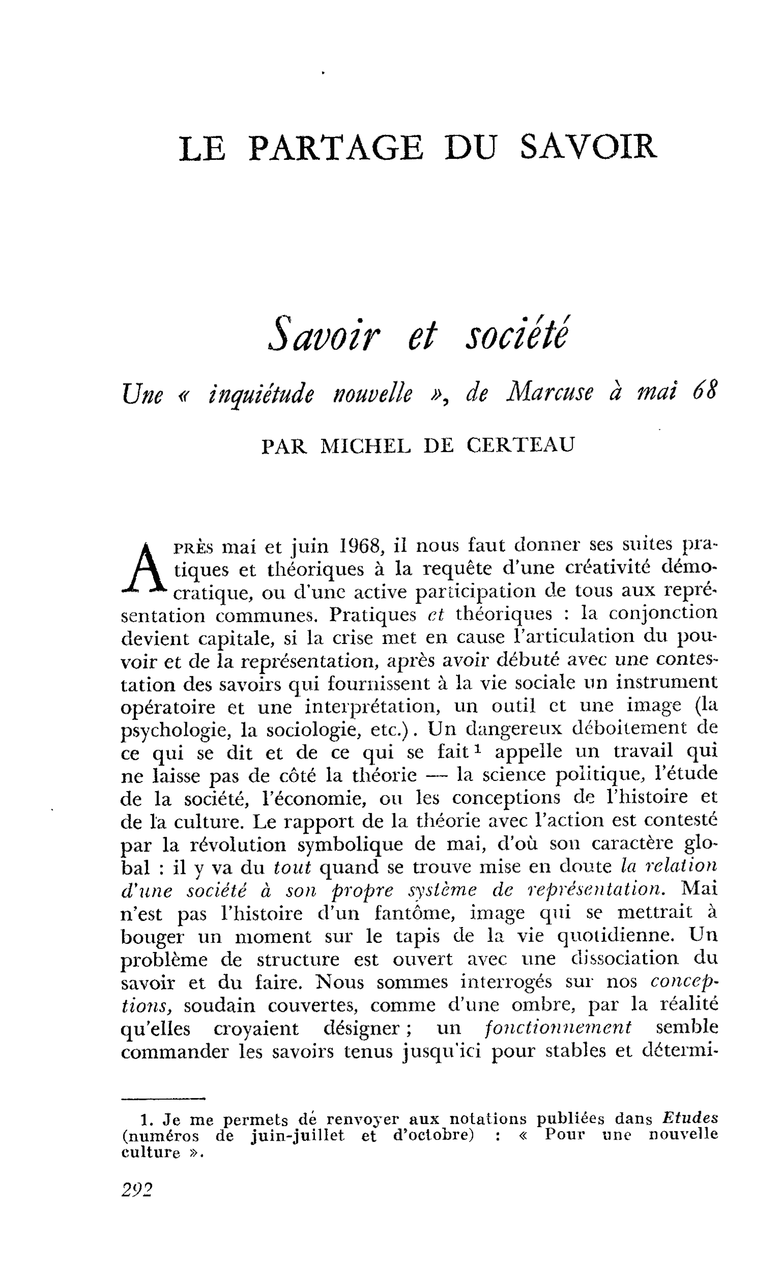 Savoir et société. Une « inquiétude nouvelle », de Marcuse à mai 68