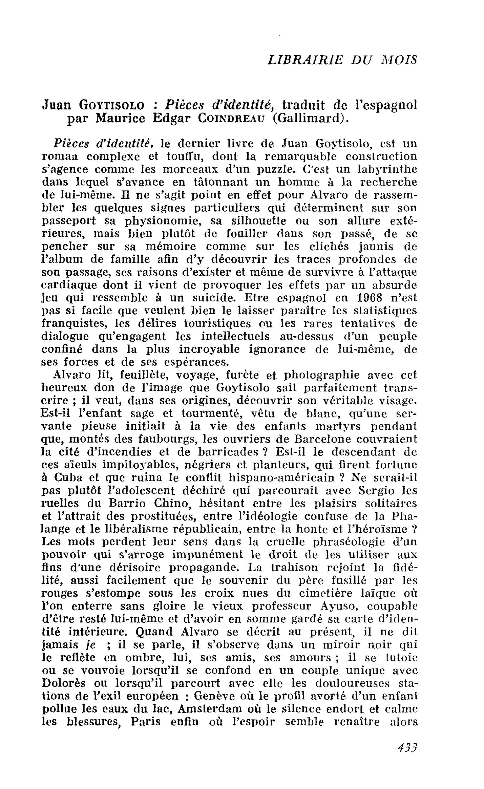 Juan Goytisolo : Pièces d’identité, traduit de l’espagnol par Maurice Edgar Coindreau