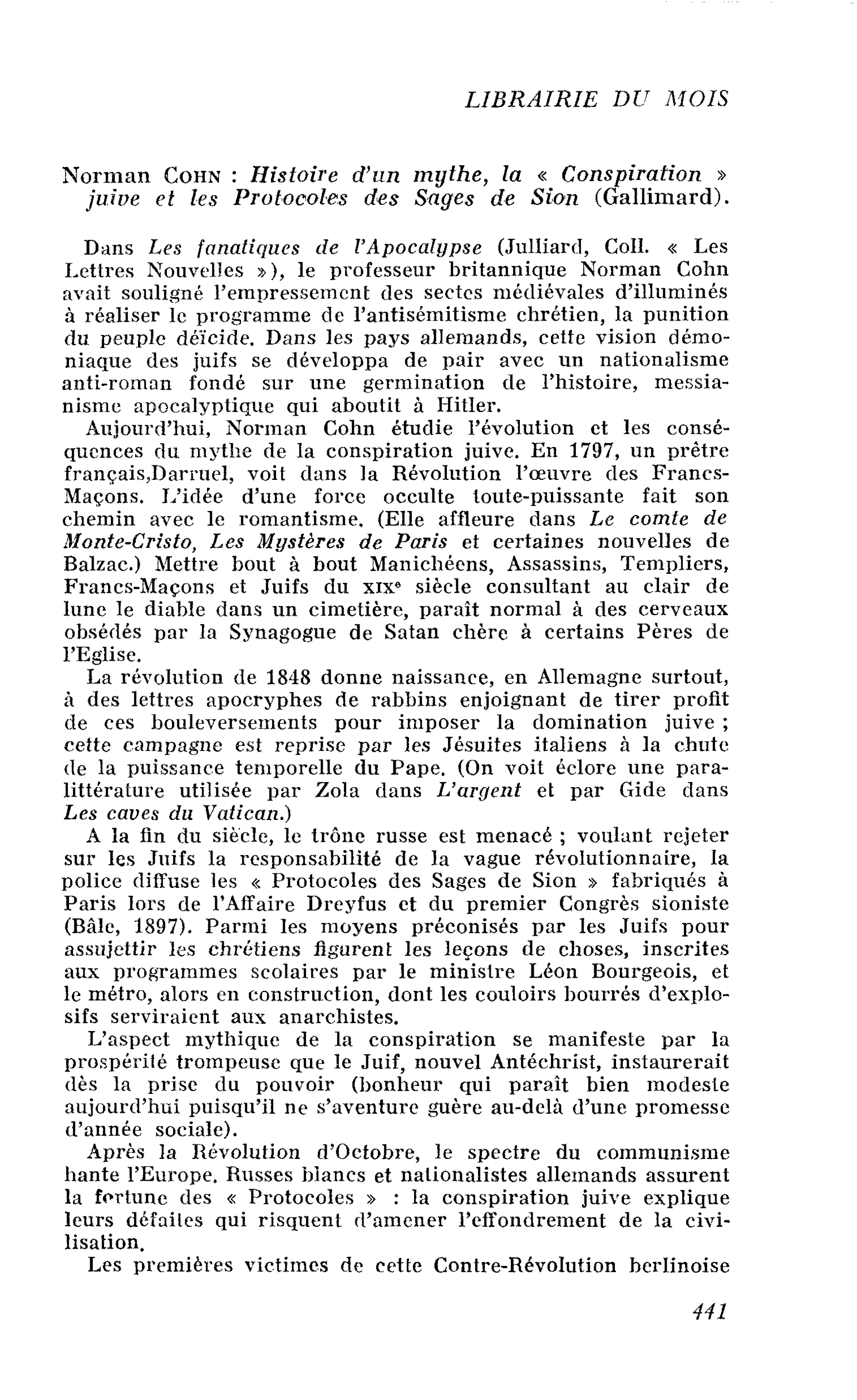 Norman Cohn : Histoire d’un mythe, la « Conspiration » juive et les Protocoles des Sages de Sion