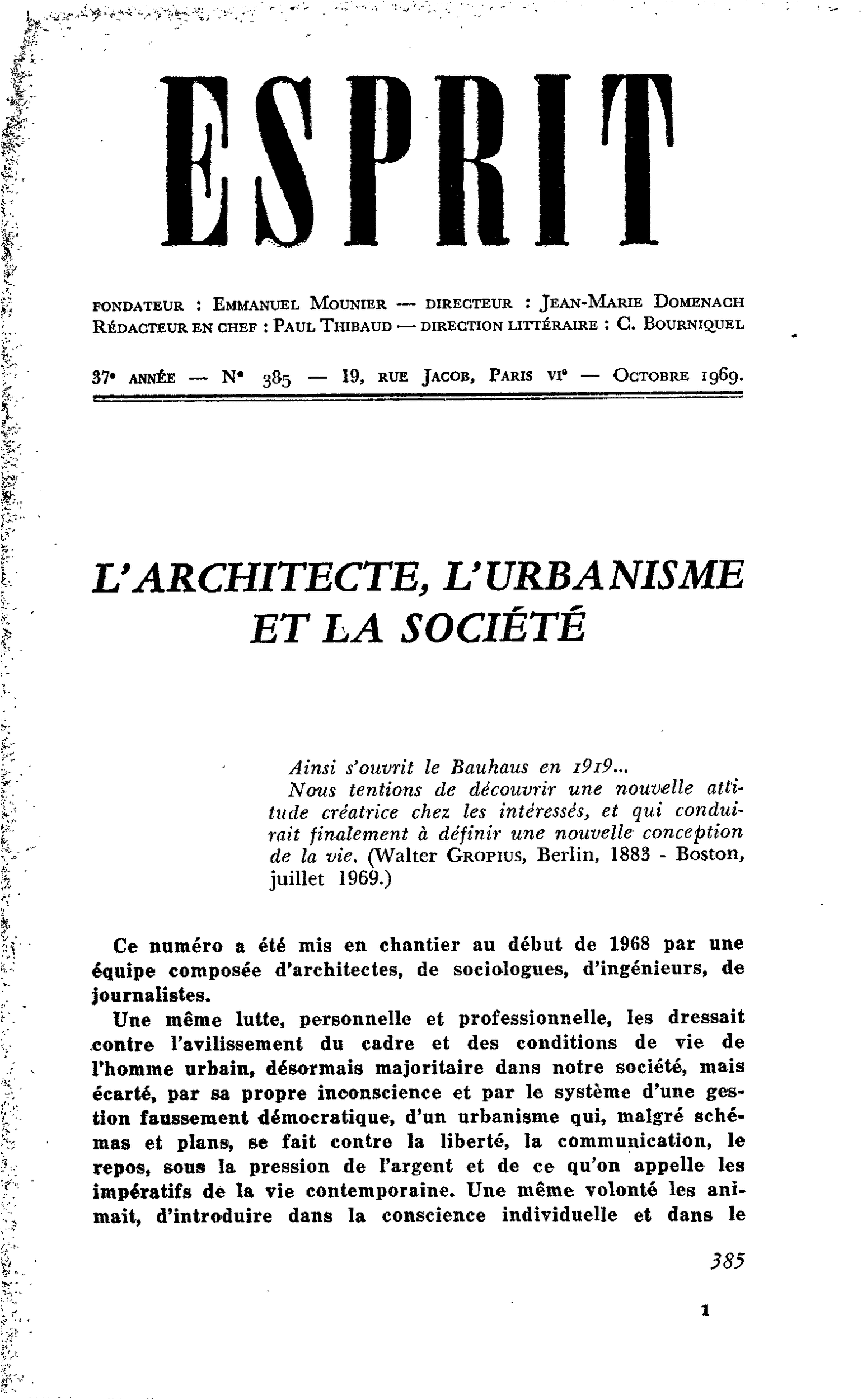L’ARCHITECTE, L’URBANISME ET LA SOCIÉTÉ