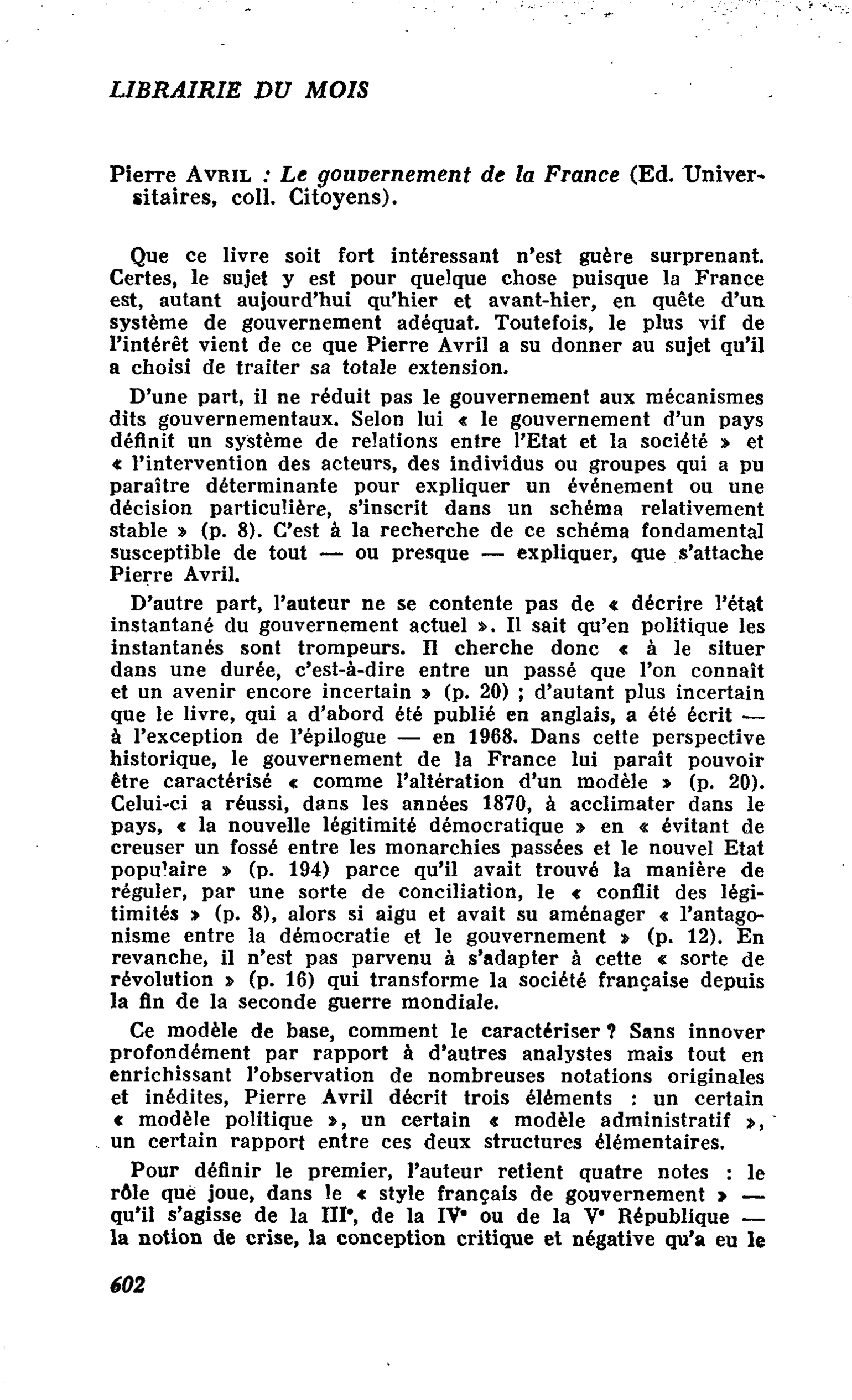 Pierre Avril ; Le gouvernement de la France