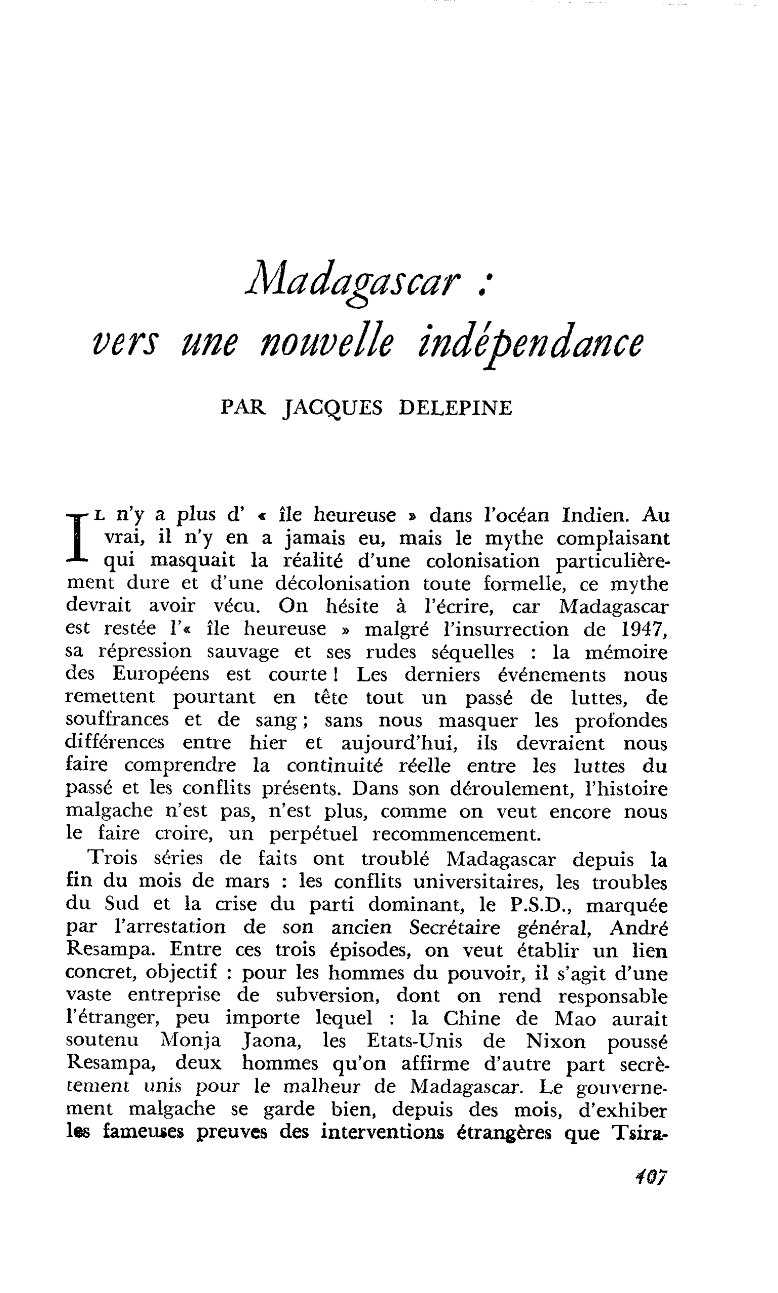 Madagascar : vers une nouvelle indépendance