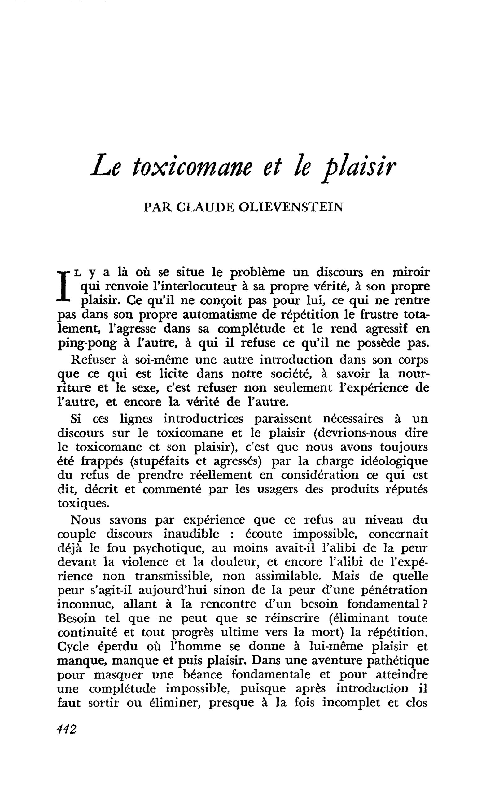Le toxicomane et le plaisir