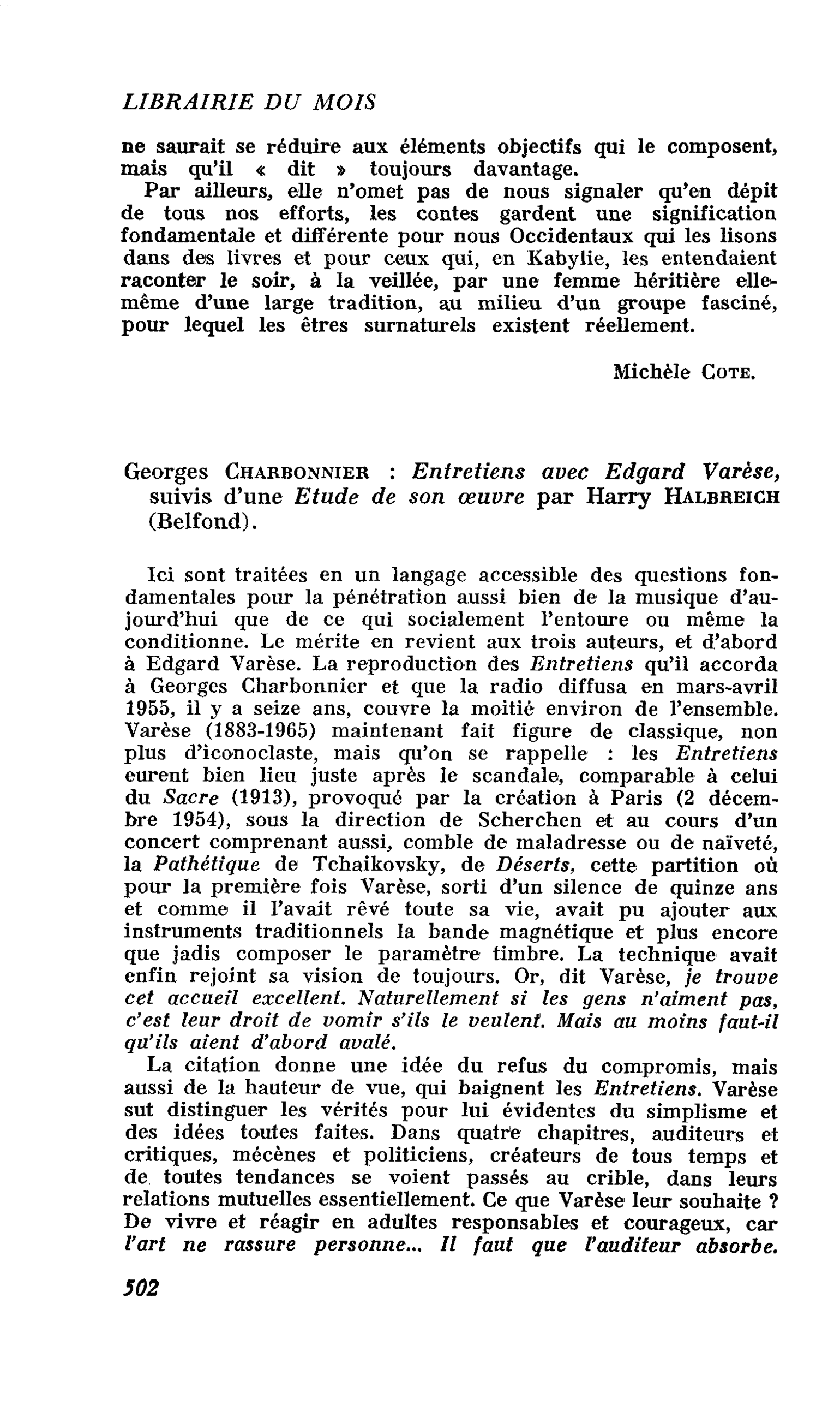 Georges Charbonnier : Entretiens avec Edgard Varèse, suivis d’une Etude de son oeuvre par Harry Halbreich
